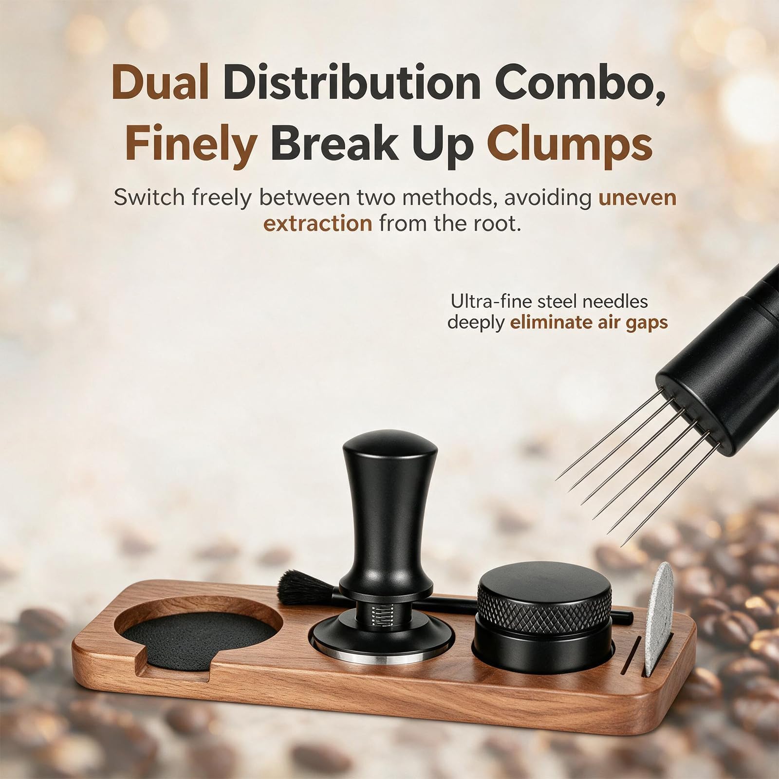 Tamper do espresso 51 mm, 7 sztuk z igłą do espresso, tamper i dystrybutor, matą do ubijania kawy, pierścień dozujący, igły, puck screen, stacja tampera i szczotka do czyszczenia ekspresu do espresso