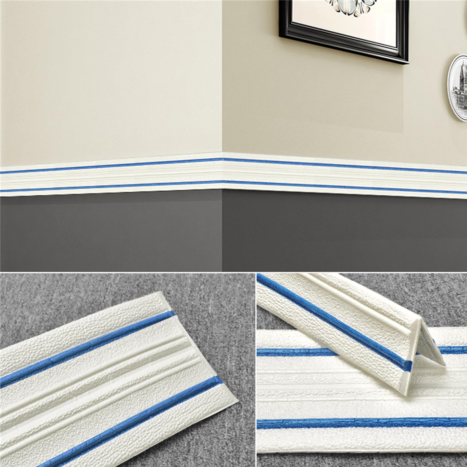 Fjqfhh White Blue Baseboard Skirting Border, 3D Self-Adhesive Waistline Skirting Baseboard Corner Line 2.300Cmx14cm(White Blue)