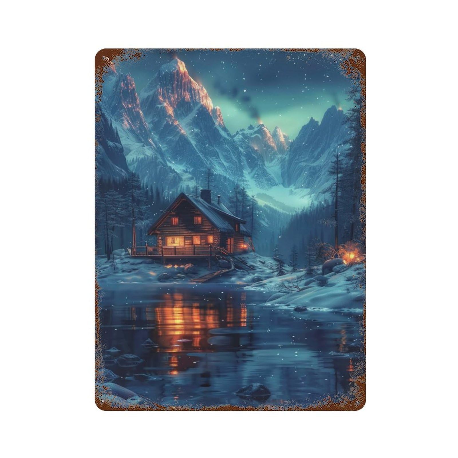 Snowy Nature Aurora Cabin Aged Metal Wall Plaque 15.7"x11.8", Farmhouse Wall Decor for Office, Studio And Wall Decor