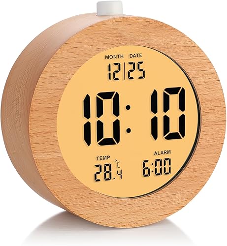 Plumeet Reloj despertador digital de madera para dormitorios, reloj despertador de madera con batería de 4 pulgadas con repetición y luz nocturna,