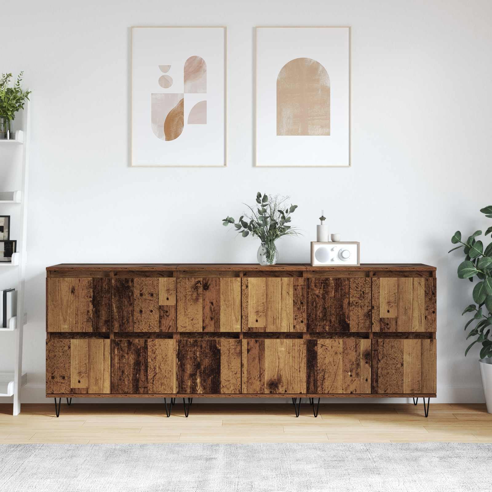 3-częściowy stary drewniany 60 x 35 x 70 cm | Drewno, 4 drzwi, żelazne nogi, duża przestrzeń, salon i jadalnia