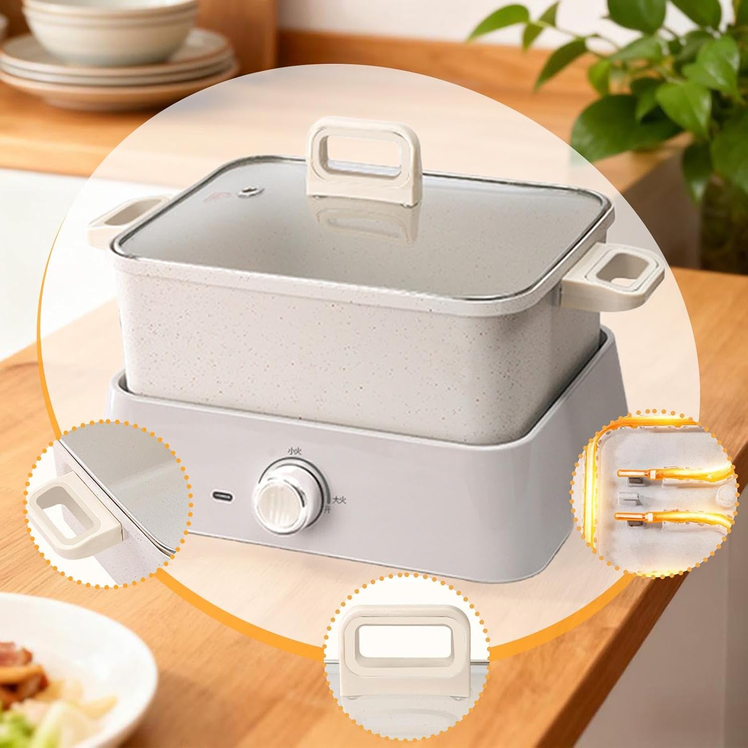 Electric Hot Pot Nonstick Removable Adjustable Rectangle Shabu Shabu Pot Multifunctional for Soup Steaming Barbecue Boiling