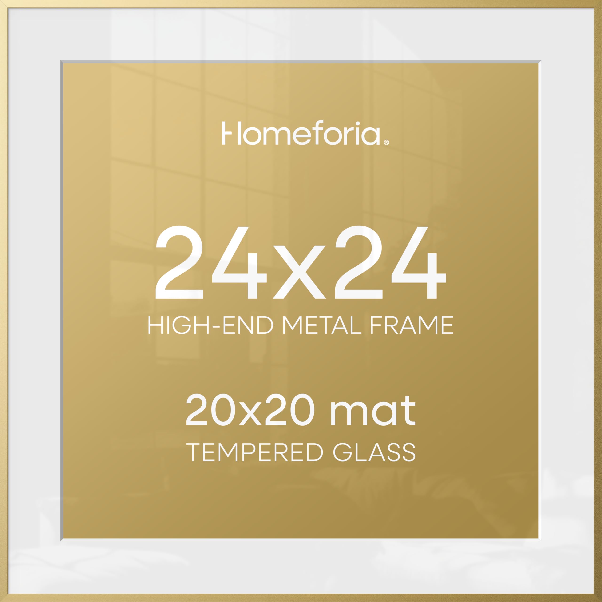 Homeforia 24x24 Gold Square Frame, High End Metal 24 x 24 Large Gold Poster Frames with Mat 20 by 20 for Photo, 24by24 Thin Picture Frame Matted to 20x20 inch Print, Tempered Glass, Wall Kit, Set of 1