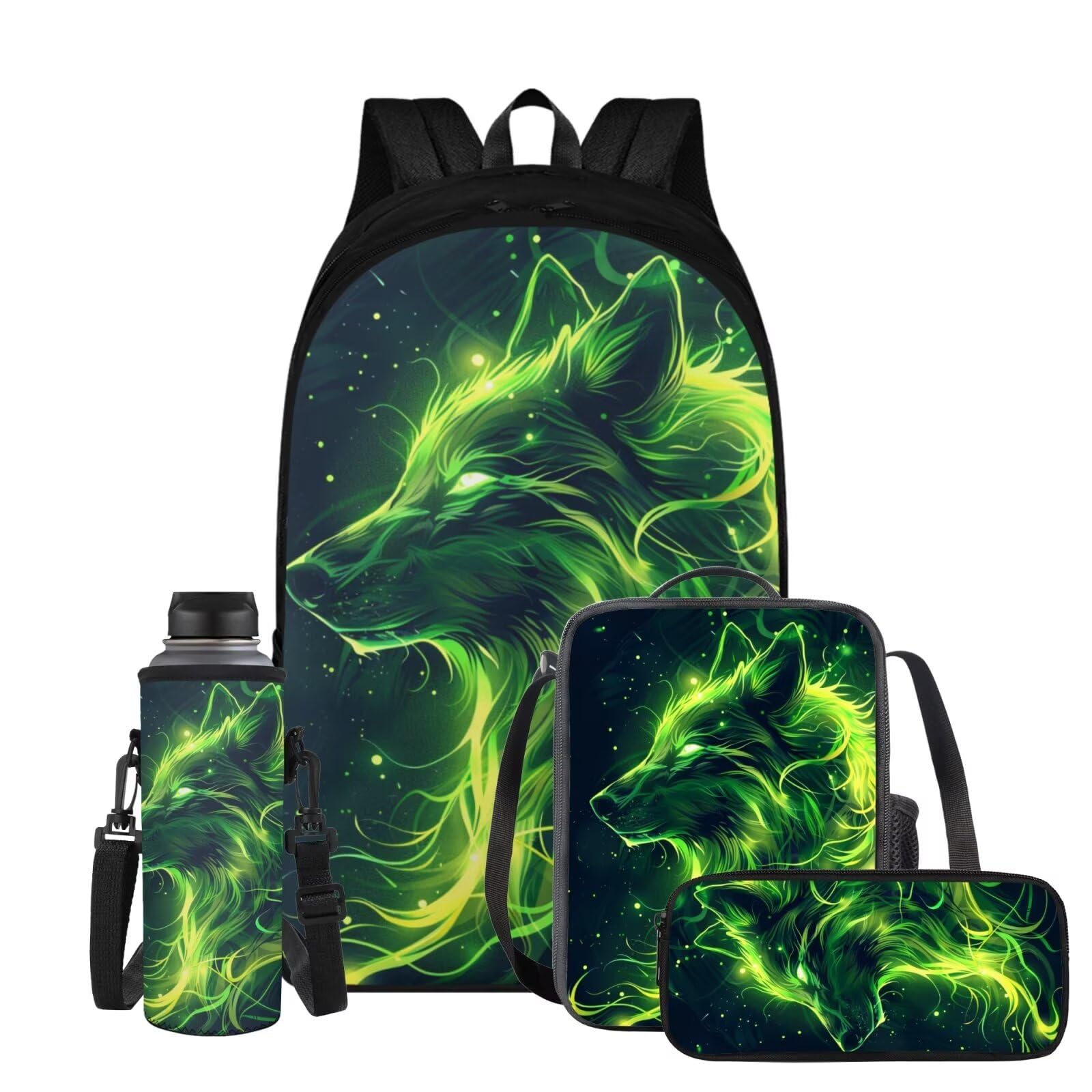 ELEDIZI Galaxy Wolf Backpack for Girls Boys Backpack with Lunch Box Water Bottle Carrier and Pencil Pouch 4PCS Set Bookbag with Compartments for