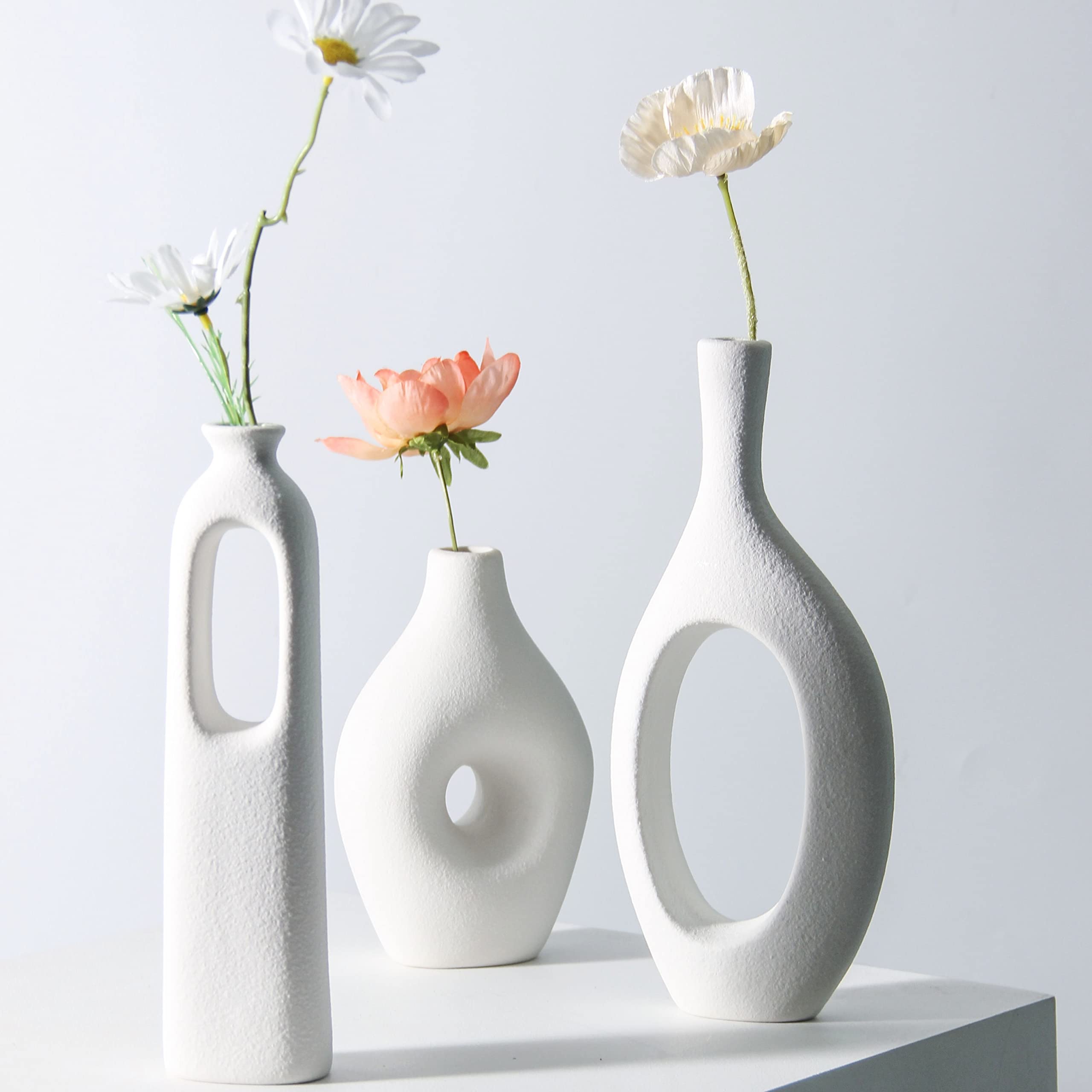CAMLEO Ceramic Vase Set of 3 Flower Vases for Home Decor, Modern White Vase for Centerpieces, Ideal Shelf Decor/Table/Living Room Home Decor/White