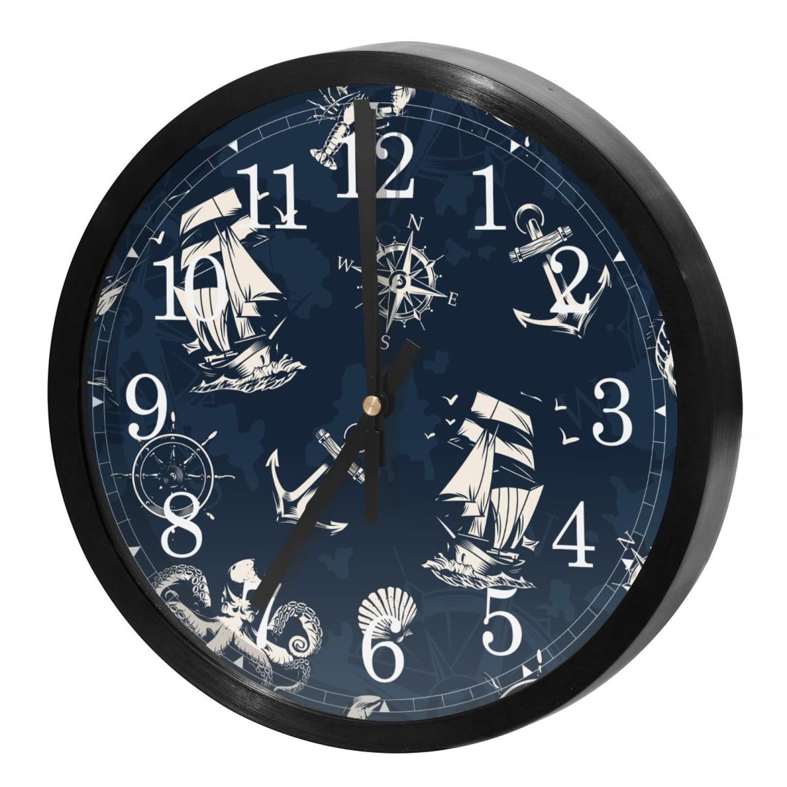 Horloge murale silencieuse sans tic-tac navire nautique coquillage ronde