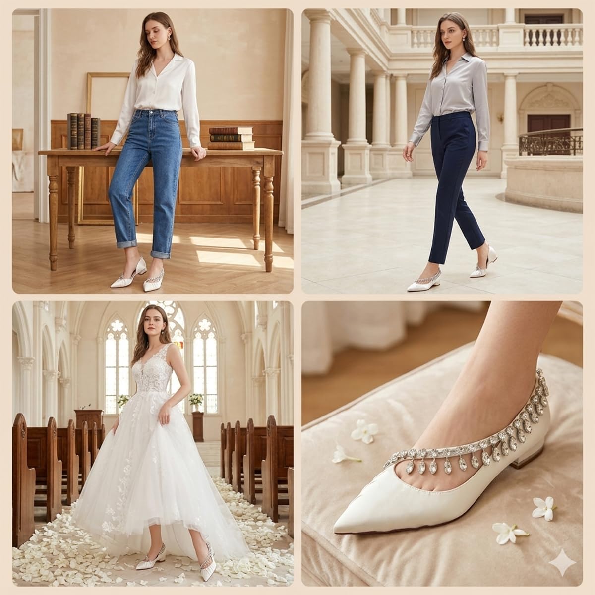 Invitada Zapatos con Efecto Joya y Flecos de Cristal Satén Punta Fina Tacón Bajo Cómodos para Eventos Oficina o Estilo Casual
