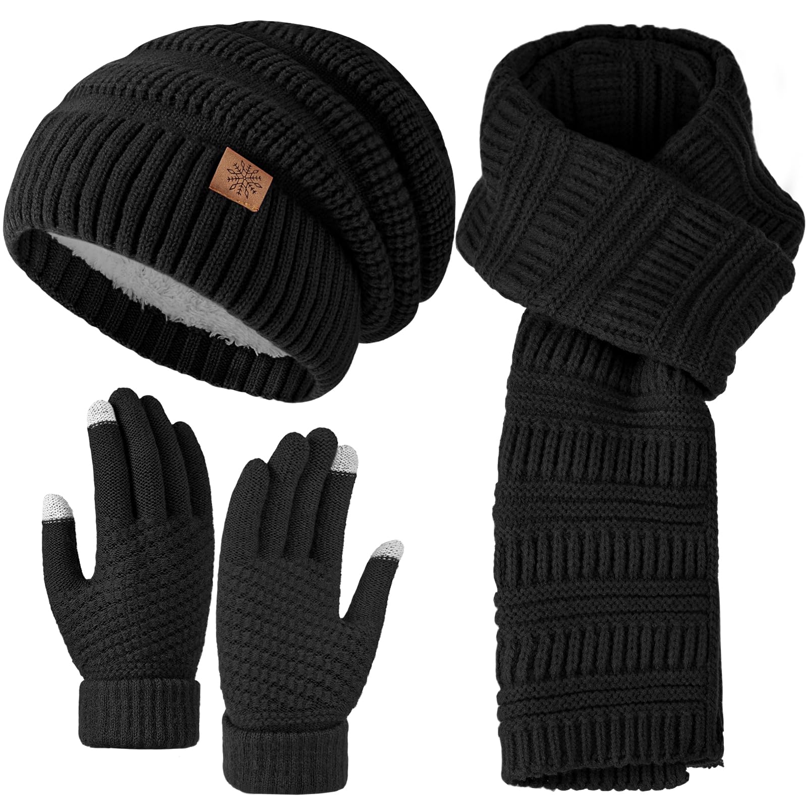 winter womens beanie hat scarf gloves set, slouchy beanie knit scarf touchscreen gloves warm 3 gift set