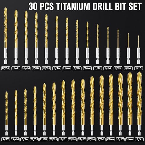 Miniatura 4 de Juego de brocas de vástago hexagonal, 30 brocas helicoidales de titanio HSS para chapa, madera, plástico, diseño de cambio rápido (116 - 12 pulgadas)
