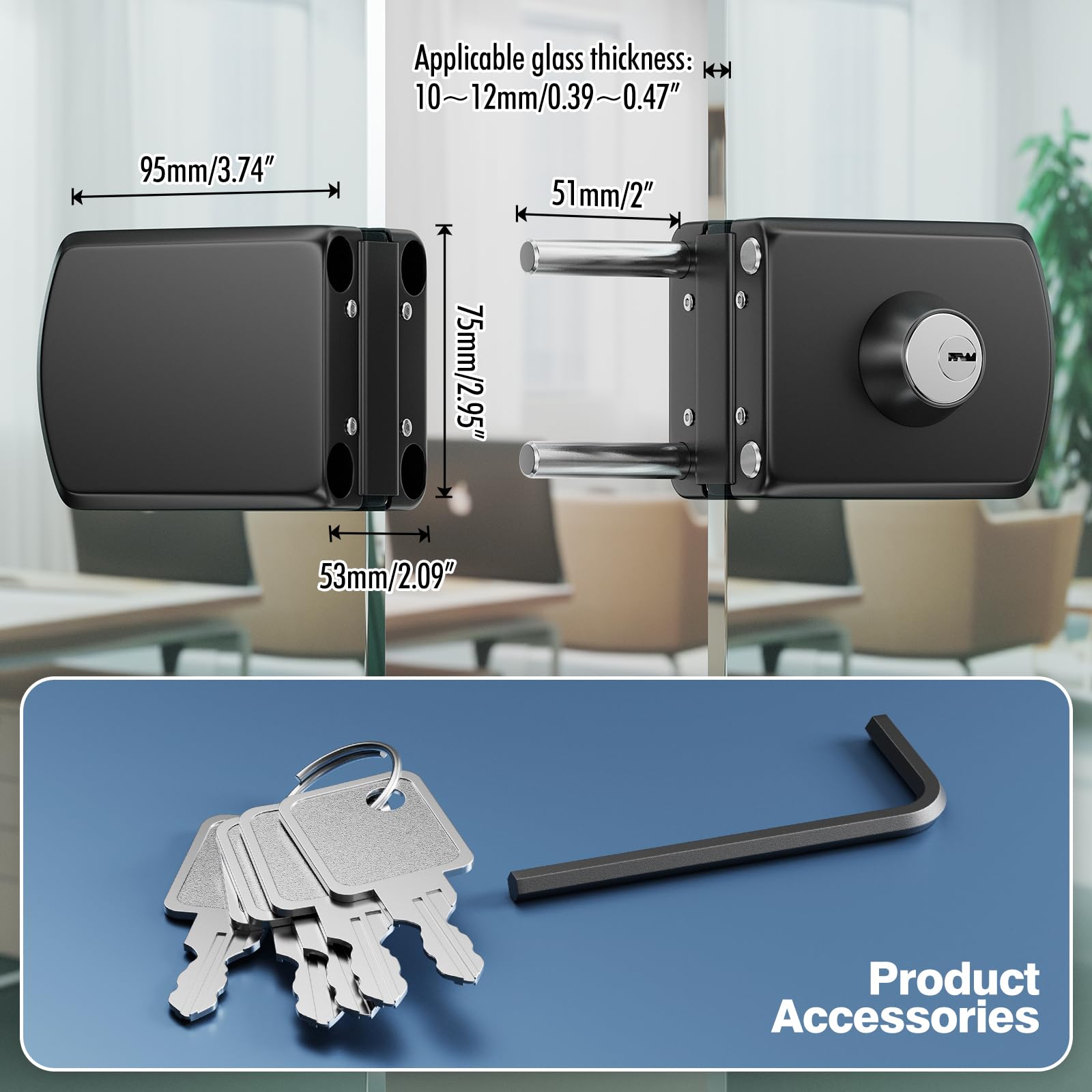 Ranbo Cerradura de Sujeción sin Taladrar para Cristal, Negro Mate | Con llave y pomo, para cristal templado de 10–12 mm, instalación sencilla, apta para hogar y oficina