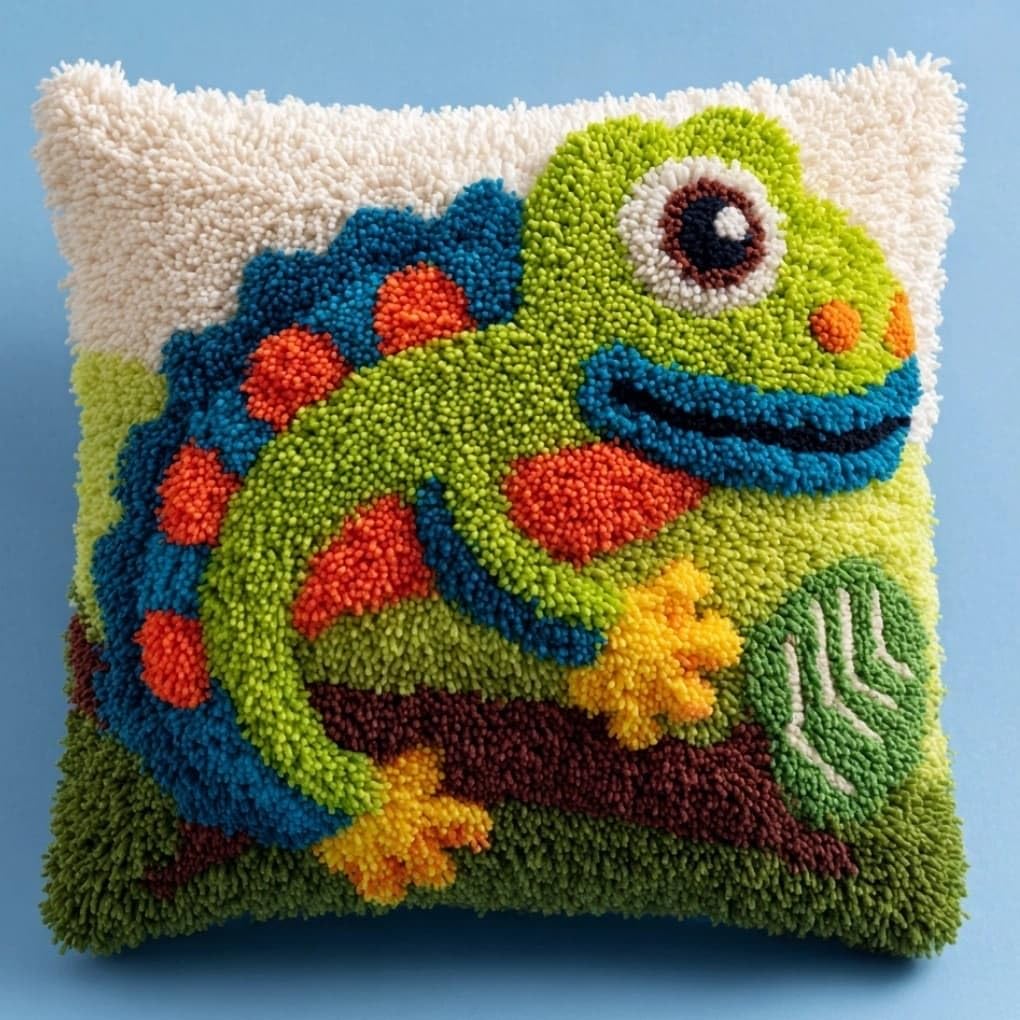 WallustrioaW Latch Hook Kit Cushion Lizard 43Cmx43Cm Latch Hook Kit DIY Pillow Materials Package Hooks Knitted Embroidered Carpet Pillow Embroidery