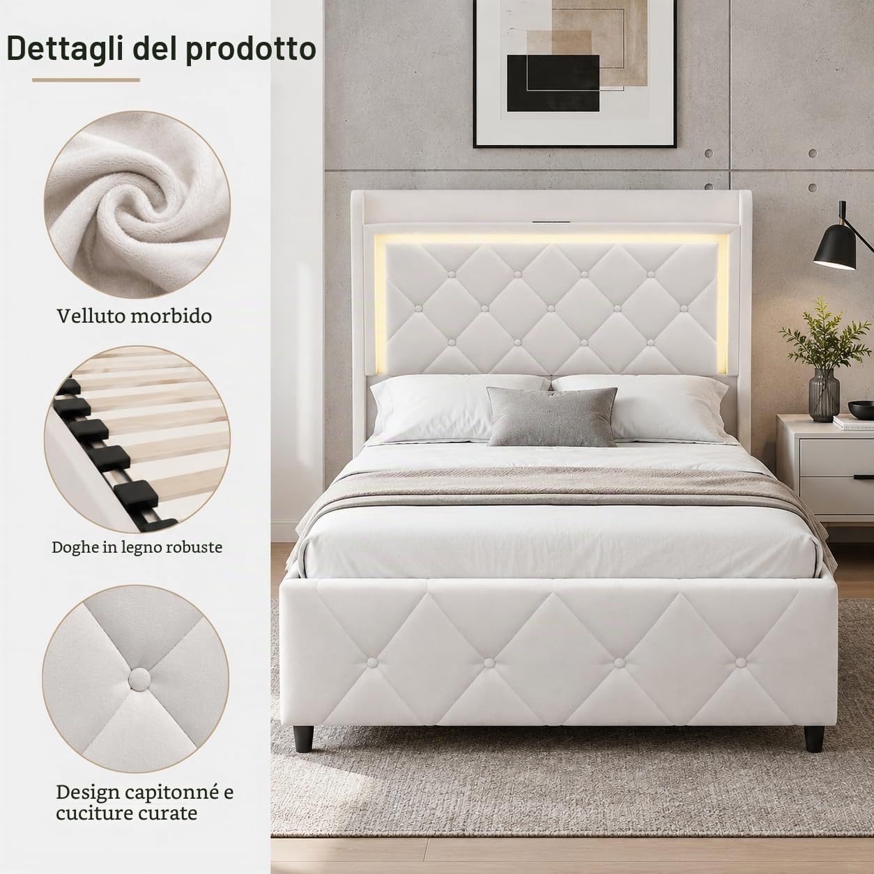 90x200 Letto Singolo Imbottito con 2 Cassetti di Riordinamento, LED e Porta USB - 90x200 cm Struttura per Letto a Una Piazza con Testata Imbottita e Rete a Doghe