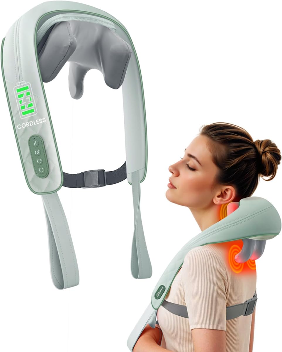 Snailax Masajeador de cuello inalámbrico con calor, masajeador Shiatsu para cuello y hombros para aliviar el dolor de tejido profundo, almohada de masaje de espalda Shiatsu amasadora 4D, regalos para mujeres, hombres