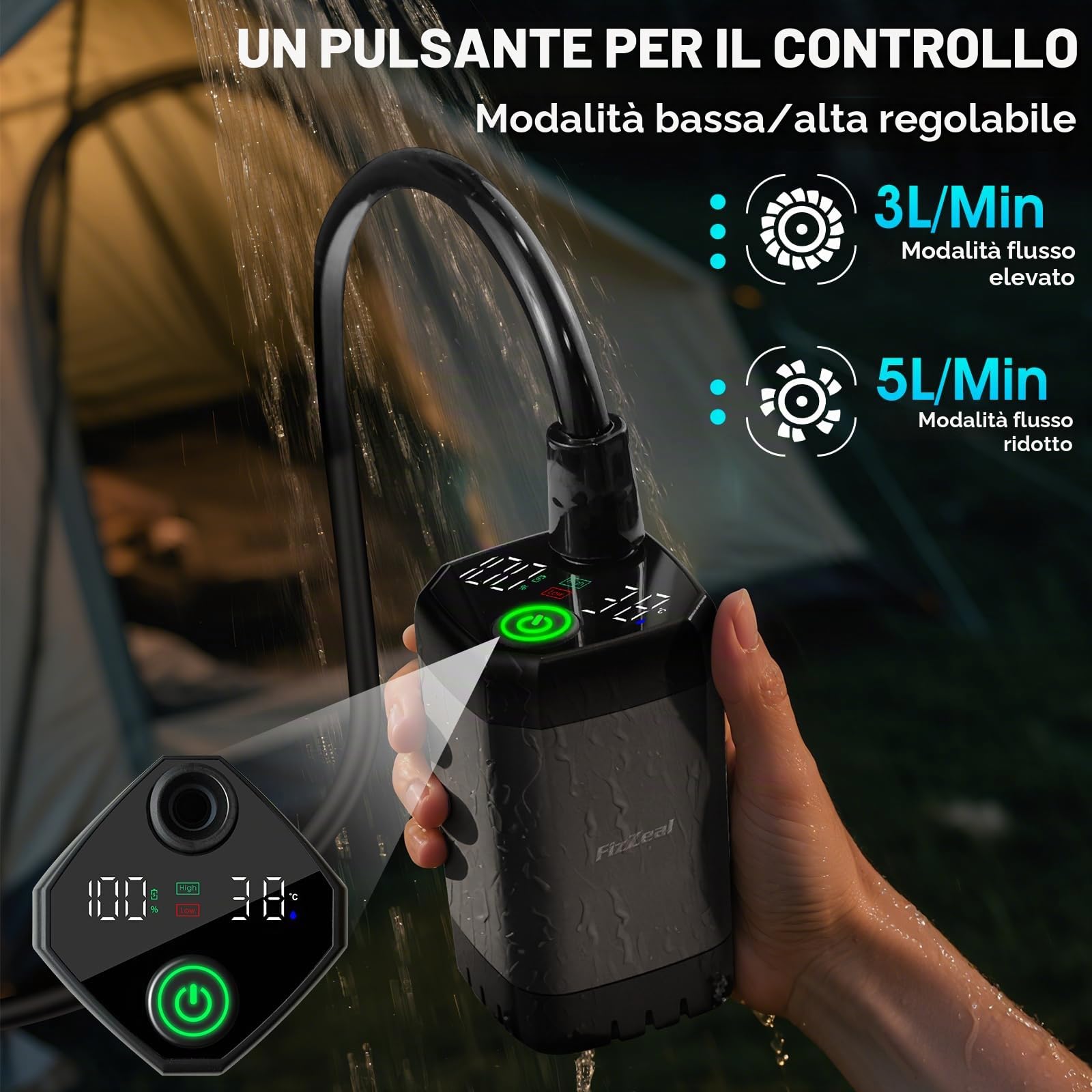 Doccia portatile con riscaldatore, doccia portatile per campeggio con riscaldatore con spegnimento automatico da 2000W, 4 modalità di spruzzo, durata 140 minuti, display LED, pompa doccia portatile