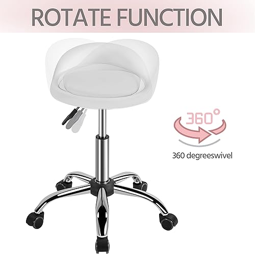 Miniatura 8 de Yaheetech Taburete giratorio ajustable con ruedas y soporte para la espalda, taburetes redondos de piel sintética para spa de masaje, color blanco