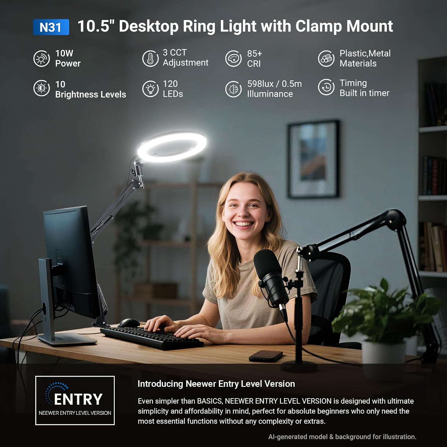 NEEWER Entry Level Version 10.5" Overhead Desktop LED Ring Light, Clamp Stand for Desk/Remote/Phone Holder Compatible with iPhone, 10W Streaming Recording Selfie Laptop Video Conference Lighting, N31 image 3