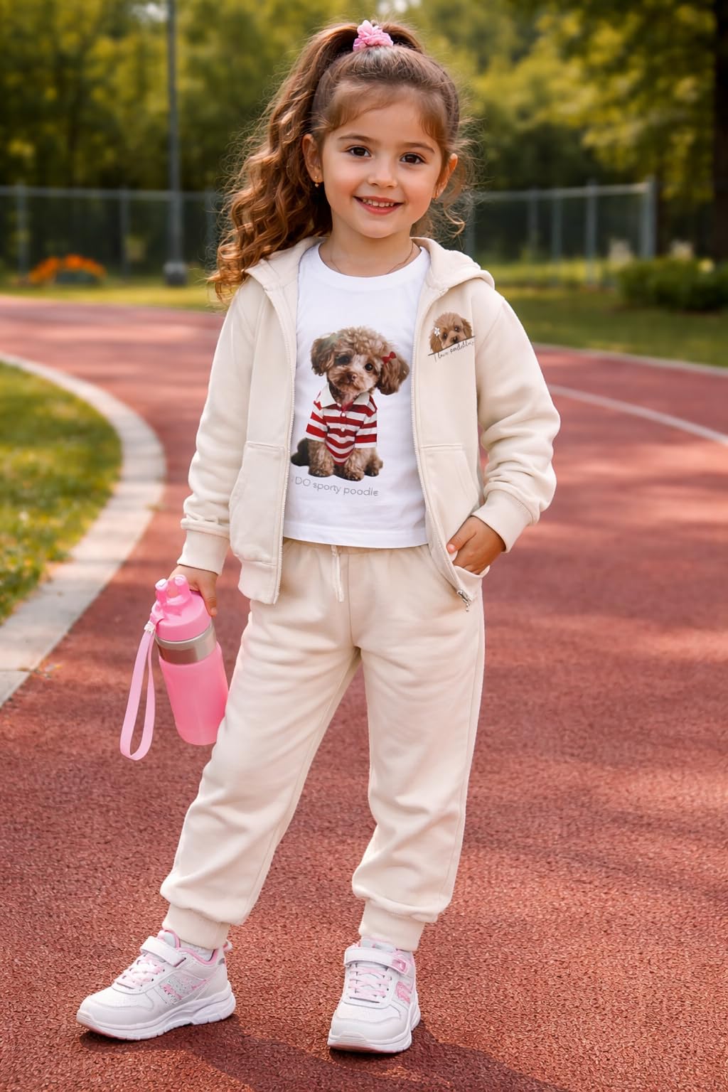 IDO Completo tuta bambina 5 anni - 110 cm con felpa zip color beige stampa cagnolina