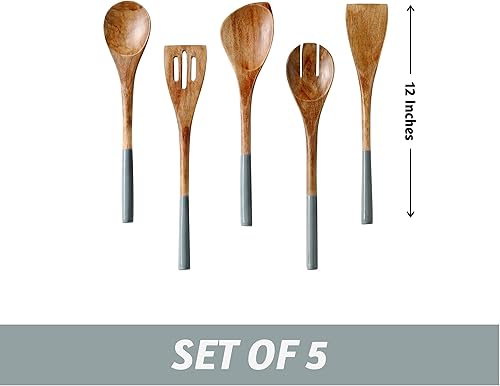Miniatura 10 de Folkulture Cucharas de madera para cocinar juego de 5 juegos de utensilios de cocina antiadherentes que incluyen cuchara de madera tenedor de servir