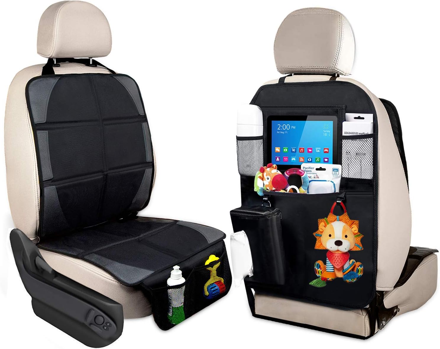 Car Seat Protector & Baby Child Pets Car Backseat Organizer Kick Mat with Storage Pockets for iPad and Tablet Holder Travel Accessories Organizer Dog mats