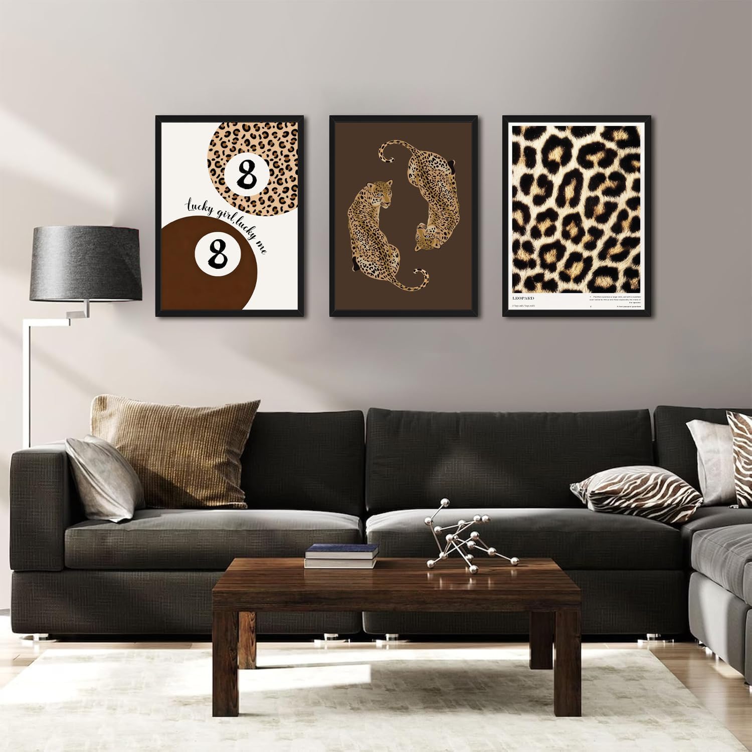Framed Leopard Canvas Wall Art Set of 3, Trendy Preppy Lucky 8 Ball Pictures Wall Decor, Cheetah Prints Paintings Aesthetic Home Decor Artwork for Living Room Bedroom Bathroom 16×24 inch
