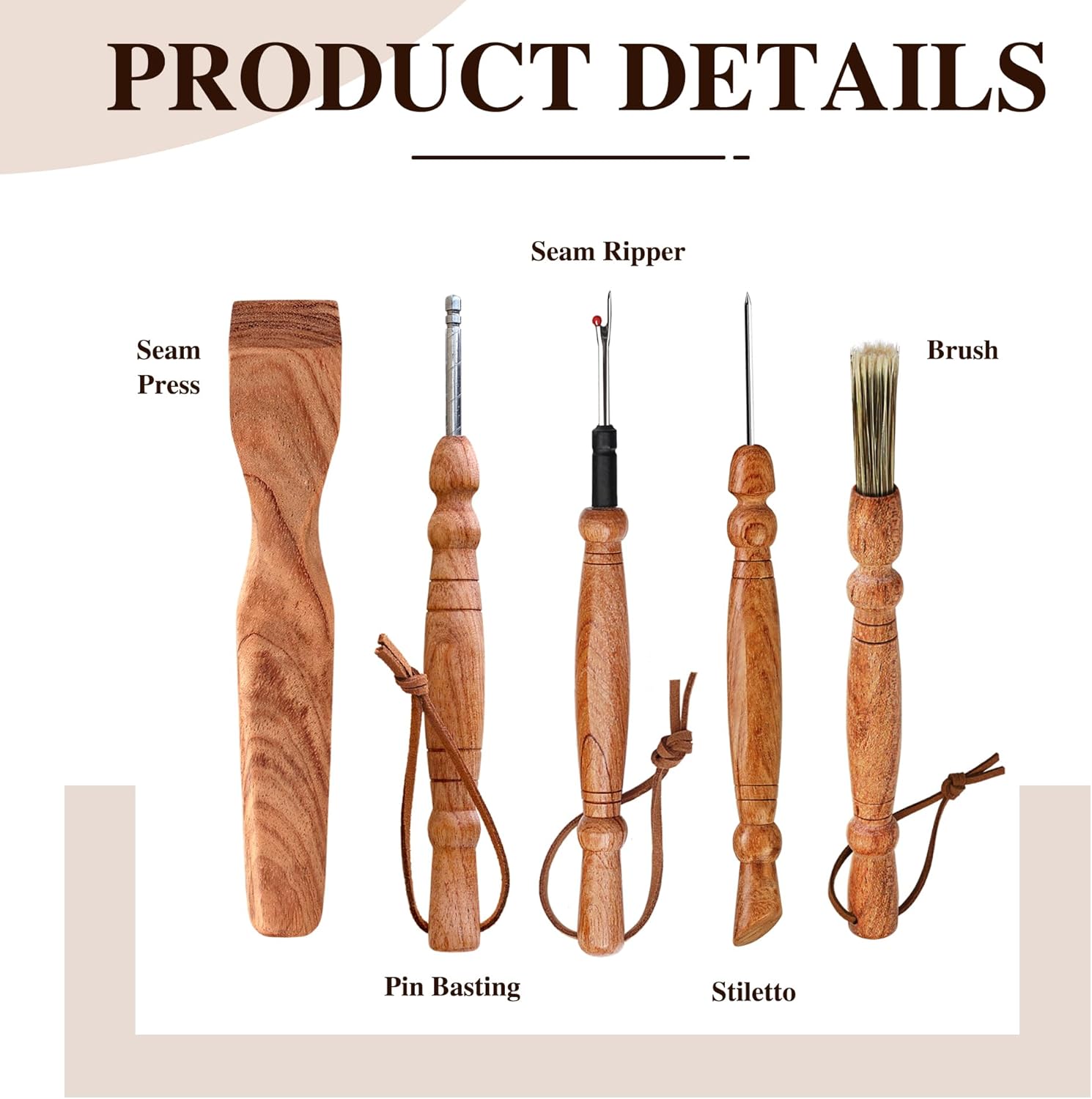 SAVINA Set 5 Wooden Sewing Tool - Seam Ripper, Seam Press, Stiletto, Basting Pin Tool, Cleaning Brush - Premium Hardwood Handles for Quilting & Hand Sewing