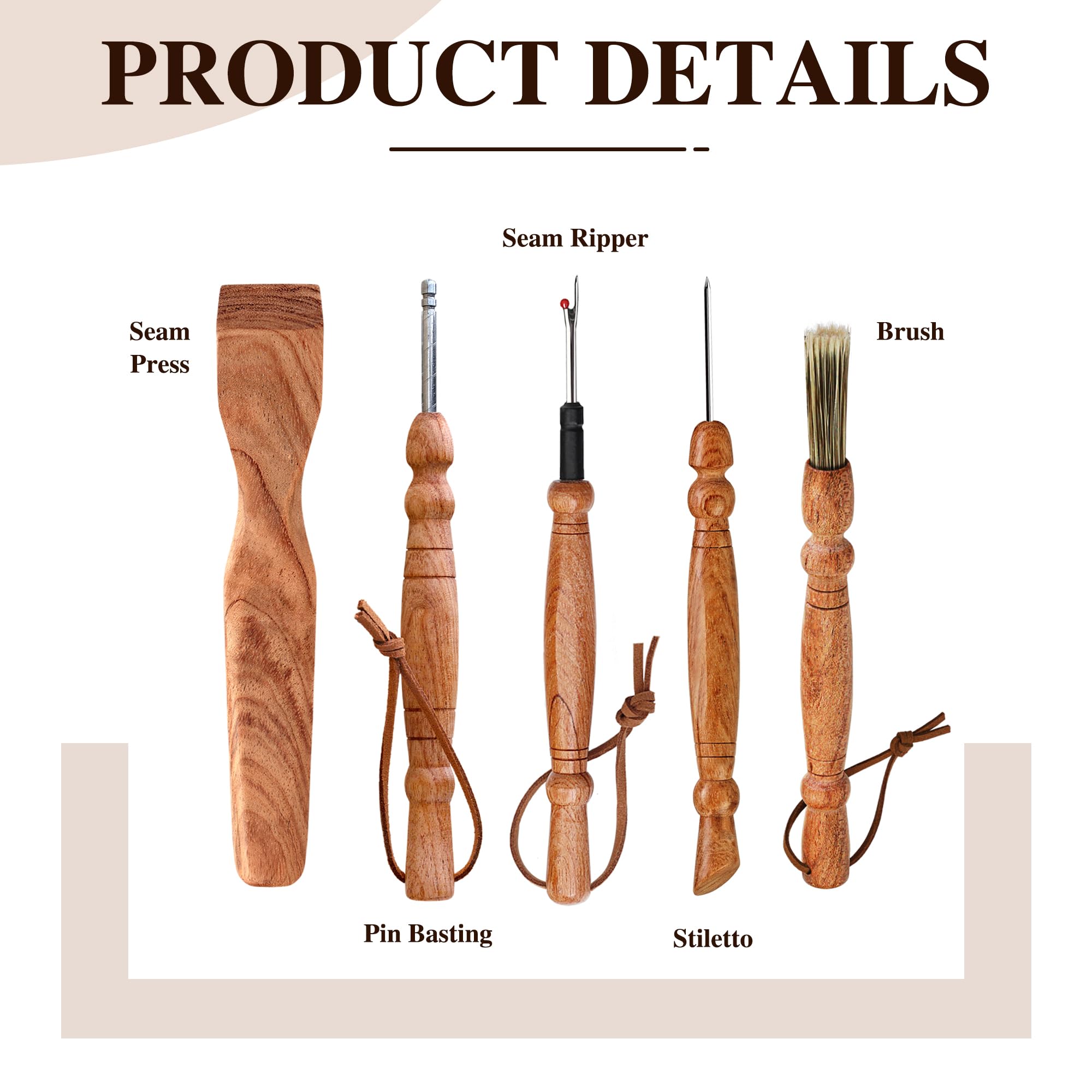SAVINA Set 5 Holz-Nähwerkzeug – Nahttrenner, Nahtpresse, Stiletto, Basting Pin Tool, Reinigungsbürste – Premium-Hartholzgriffe für Quilten & Handnähen