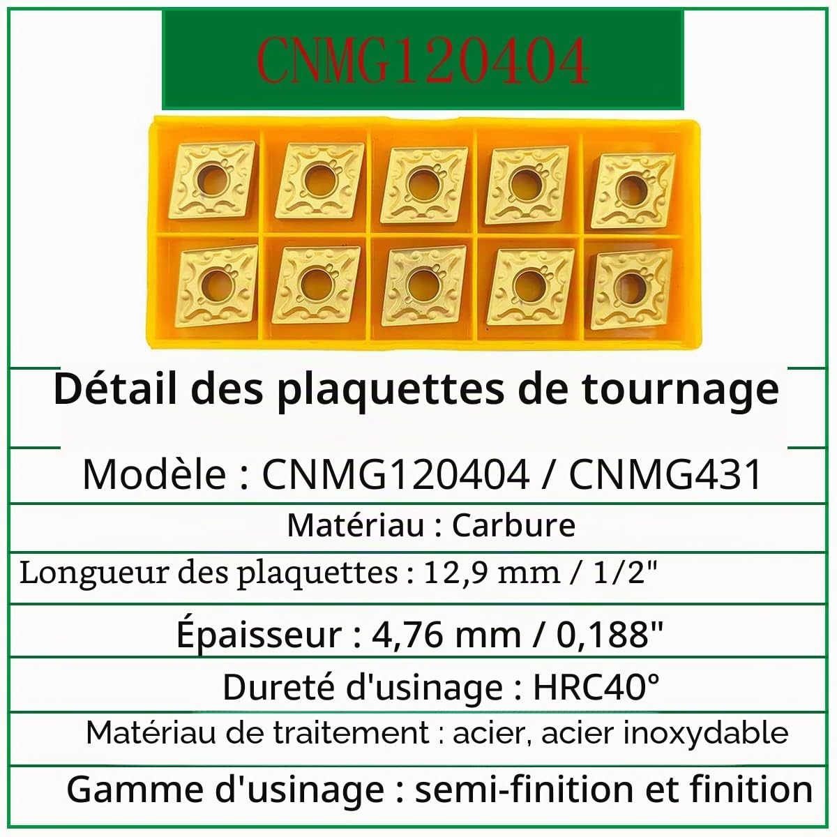Porte-outil de tournage en carbure indexable Excircle MCLNR1616H12 + barre d'alésage interne de tour en métal S16Q-MCLNR12 + inserts de tournage en carbure indexables CNMG431 (CNMG120404).