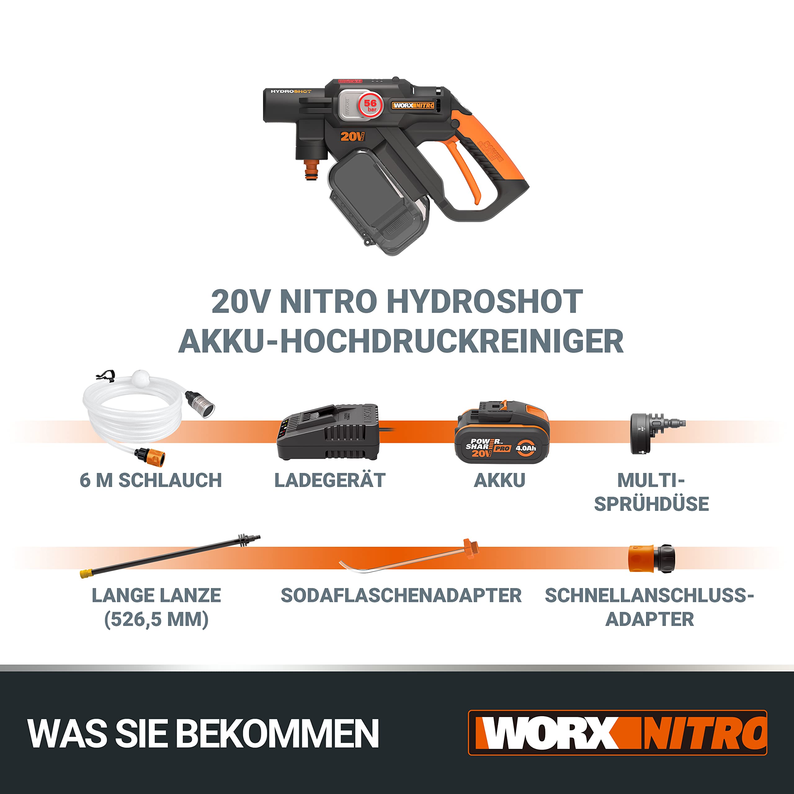 WORX WG633E Hydroshot Akku-Hochdruckreiniger 20V - 56 Bar Max. Druck - multifunktional zur Reinigung & Bewässerung - leistungsstarker bürstenloser Motor - 5-in-1 Druckdüse - inkl. 4Ah Akku & Ladegerät