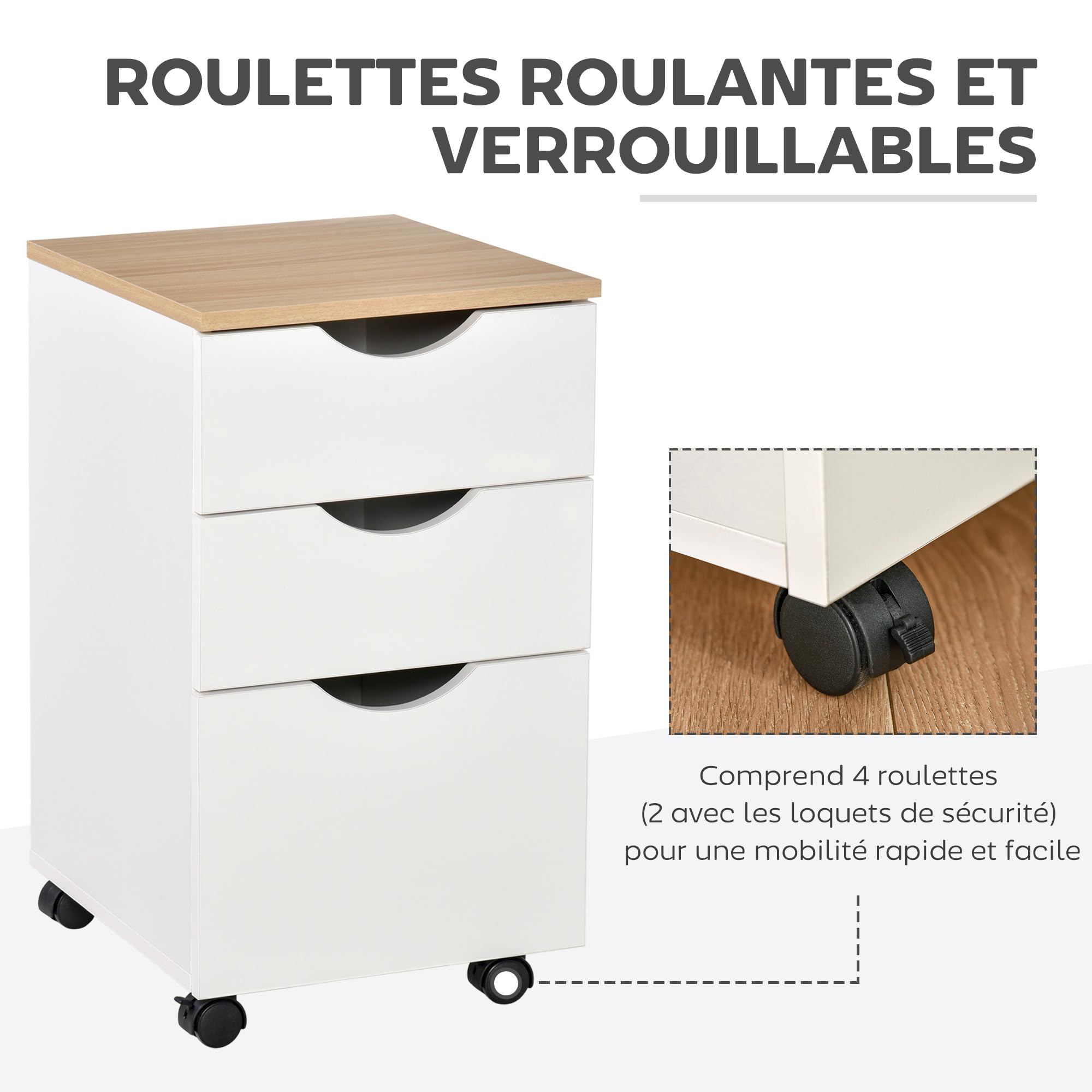 HOMCOM Caisson de Bureau, Rangement Bureau sur roulettes avec 3 tiroirs coulissants, 34 x 40 x 60,5 cm, Blanc et Effet Bois Naturel