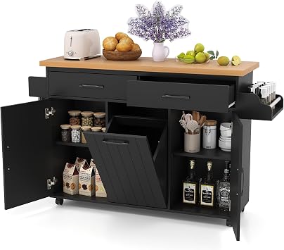 LOKO Kitchen Island with Tilt-Out Trash Cabinet, Rolling Kitchen Cart with Spice Rack, Towel Bar, Island Table on Wheels with Adjustable Shelves, Mobile Appliance Cart for Dining Room Black