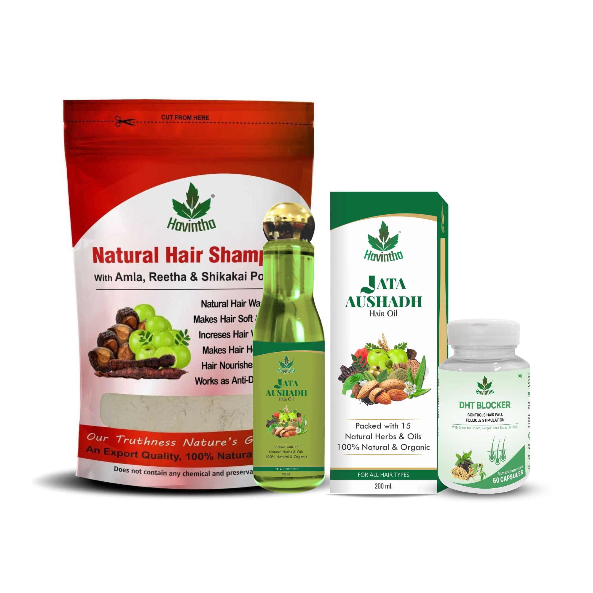 Havintha Natural Hair Shampoo With Amla, Reetha And Shikakai Powder - 227 Gm & Natural Jata Aushadh Hair Oil for Hair Growth - 200 ml & DHT Blocker Capsules - 60 Veg Capsule (Combo Pack of 3)