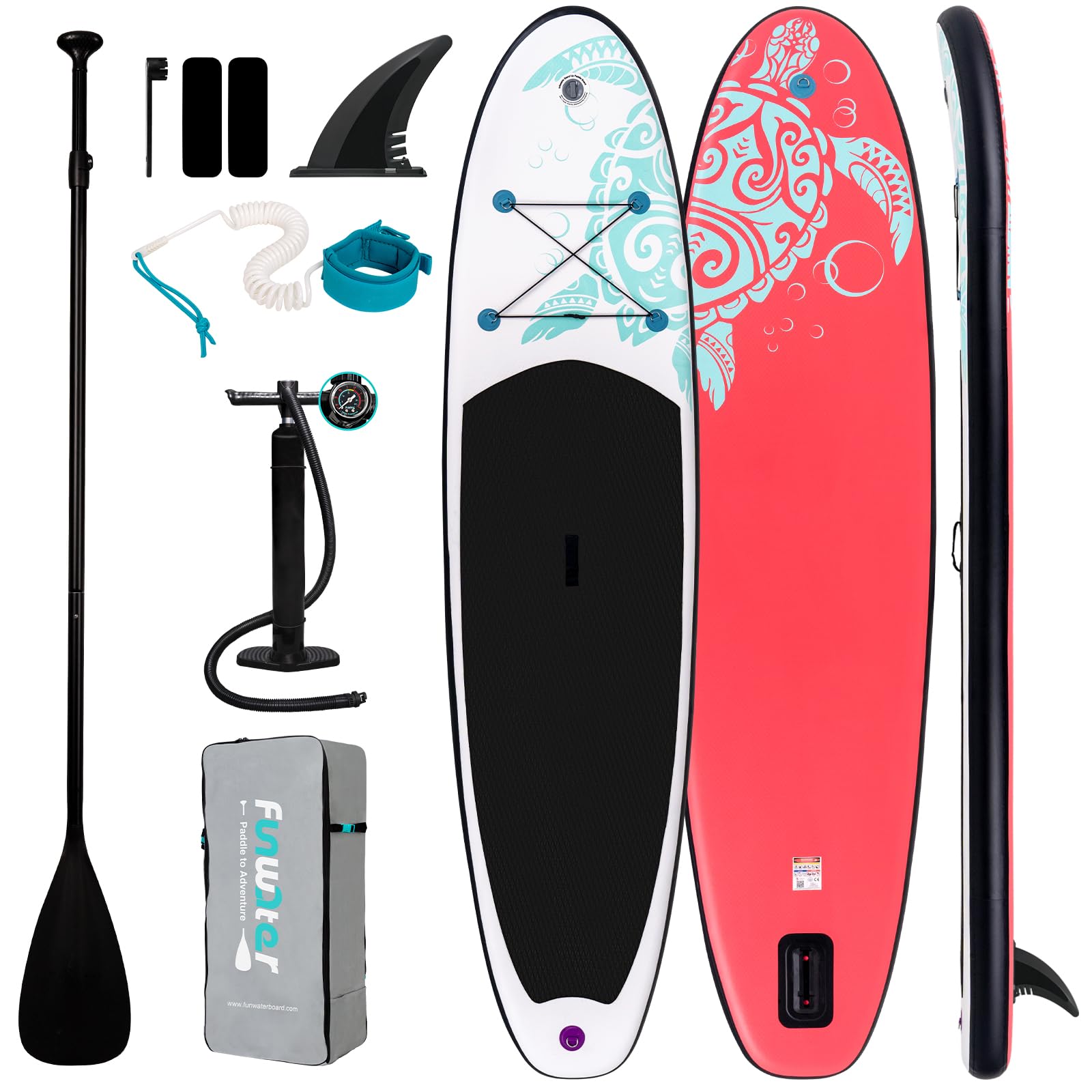 FunWater Tavola gonfiabile per stand up paddle, per adulti, con pagaia, pinna, adattatore valvola SUP, bianco e rosa