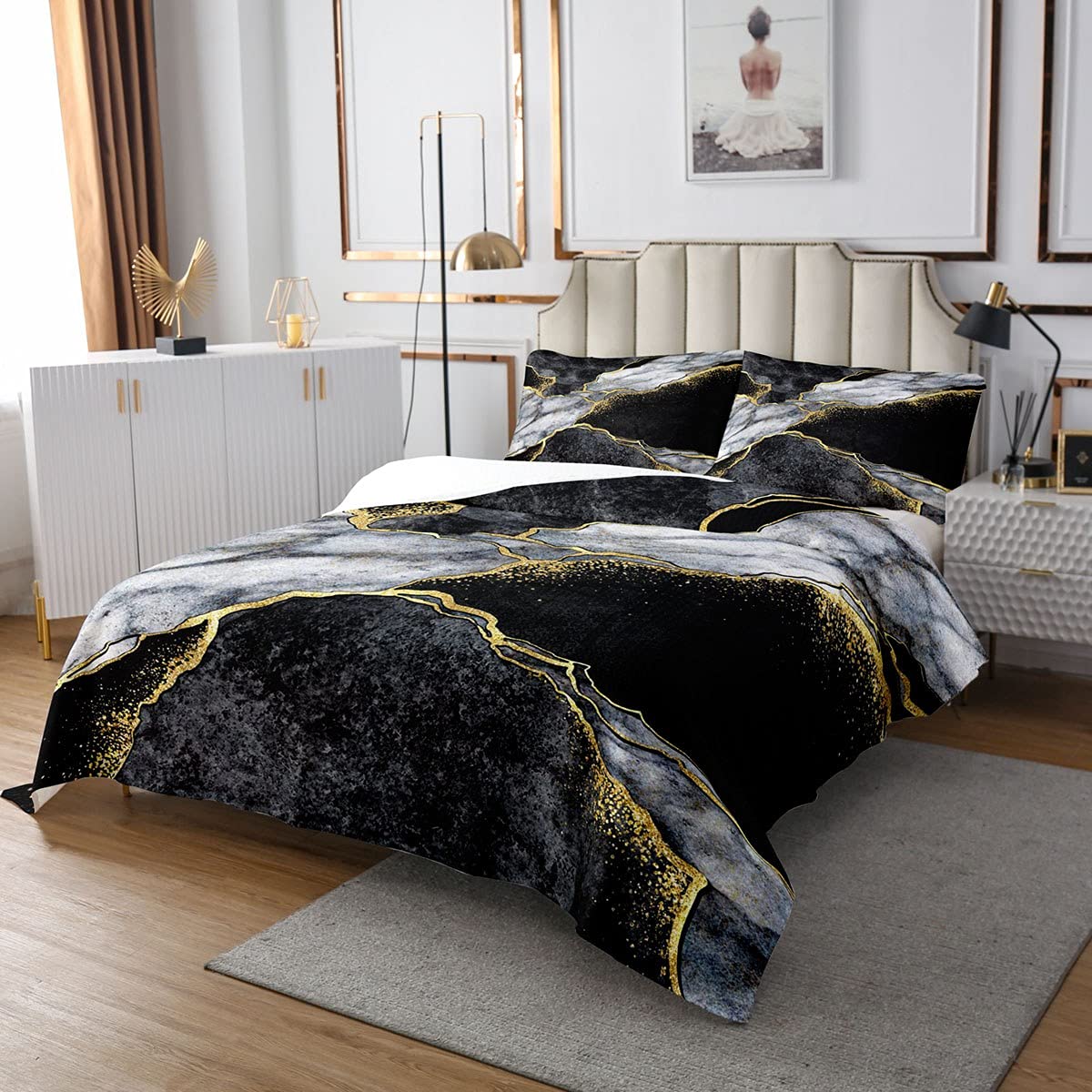 Homemissing Copriletto trapuntato in marmo nero e oro con linee incrinate dorate, set di trapunta con texture in marmo bianco e grigio, set moderno di lusso, trapuntato, 3 pezzi, king size