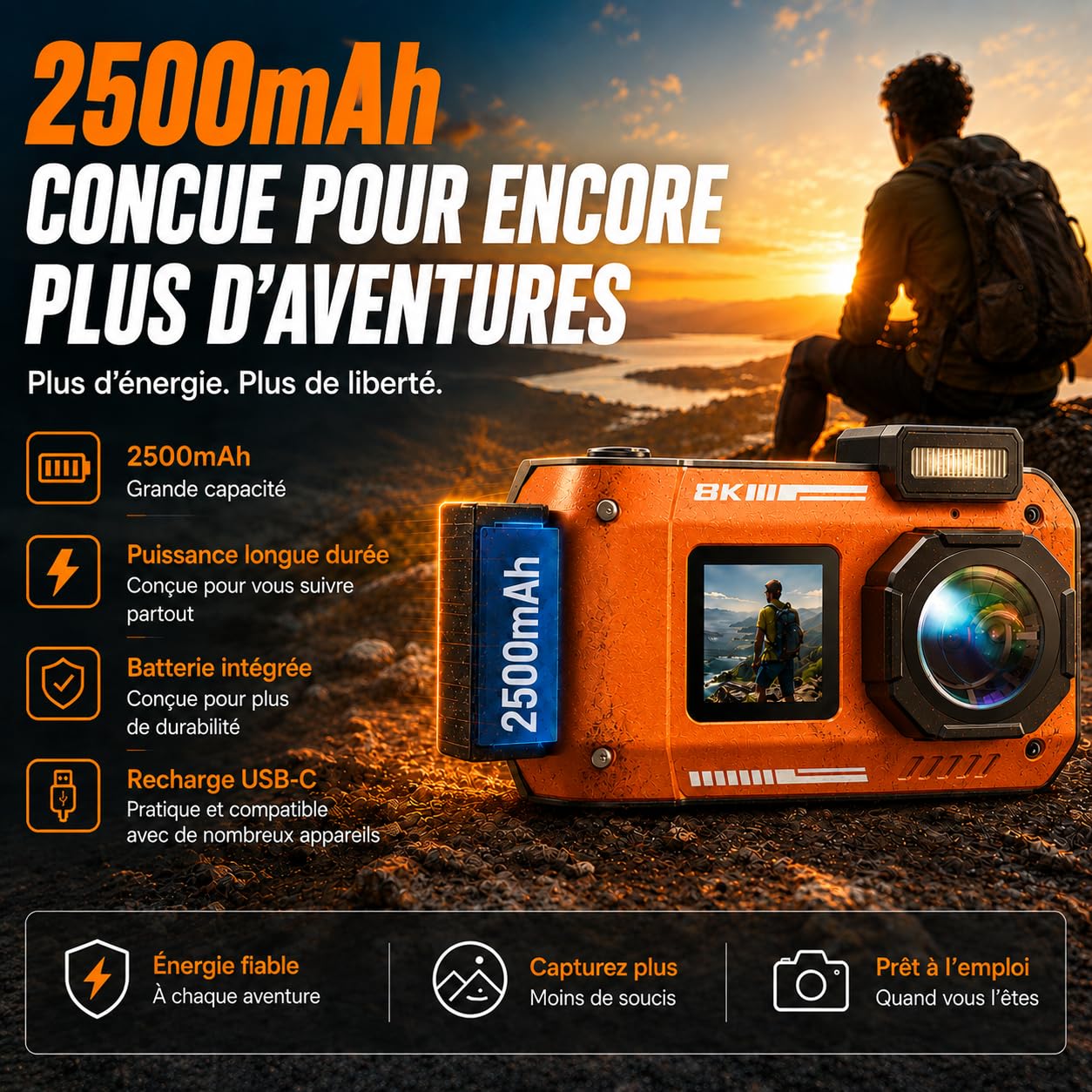 MaxMango D50 33FT Appareil Photo Numérique Etanche，8K 70MP Caméra sous-Marine avec 16 Go de Stockage, Double écran 18x, Résistante à la Poussière et Aux Chocs, Autofocus - Orange