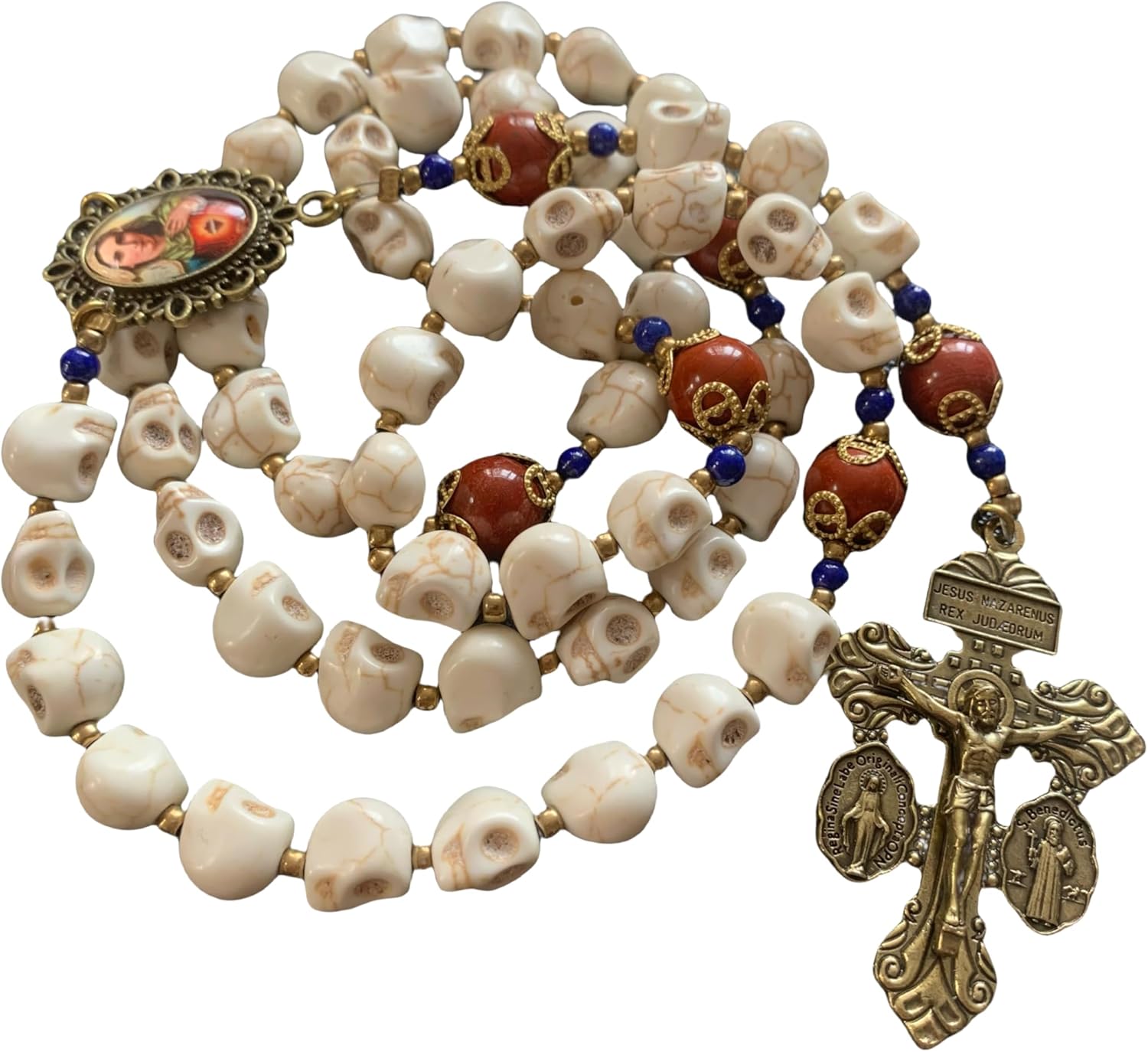 Lcqq handmade vintage Howlite skulls and Red Agate beads 5 decade rosary necklace crucifix cross catholic gift