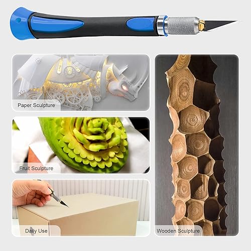 Miniatura 7 de FOSHIO Juego de 2 cuchillos de precisión para manualidades con 20 cuchillas de repuesto, mango ergonómico antideslizante con cubierta protectora