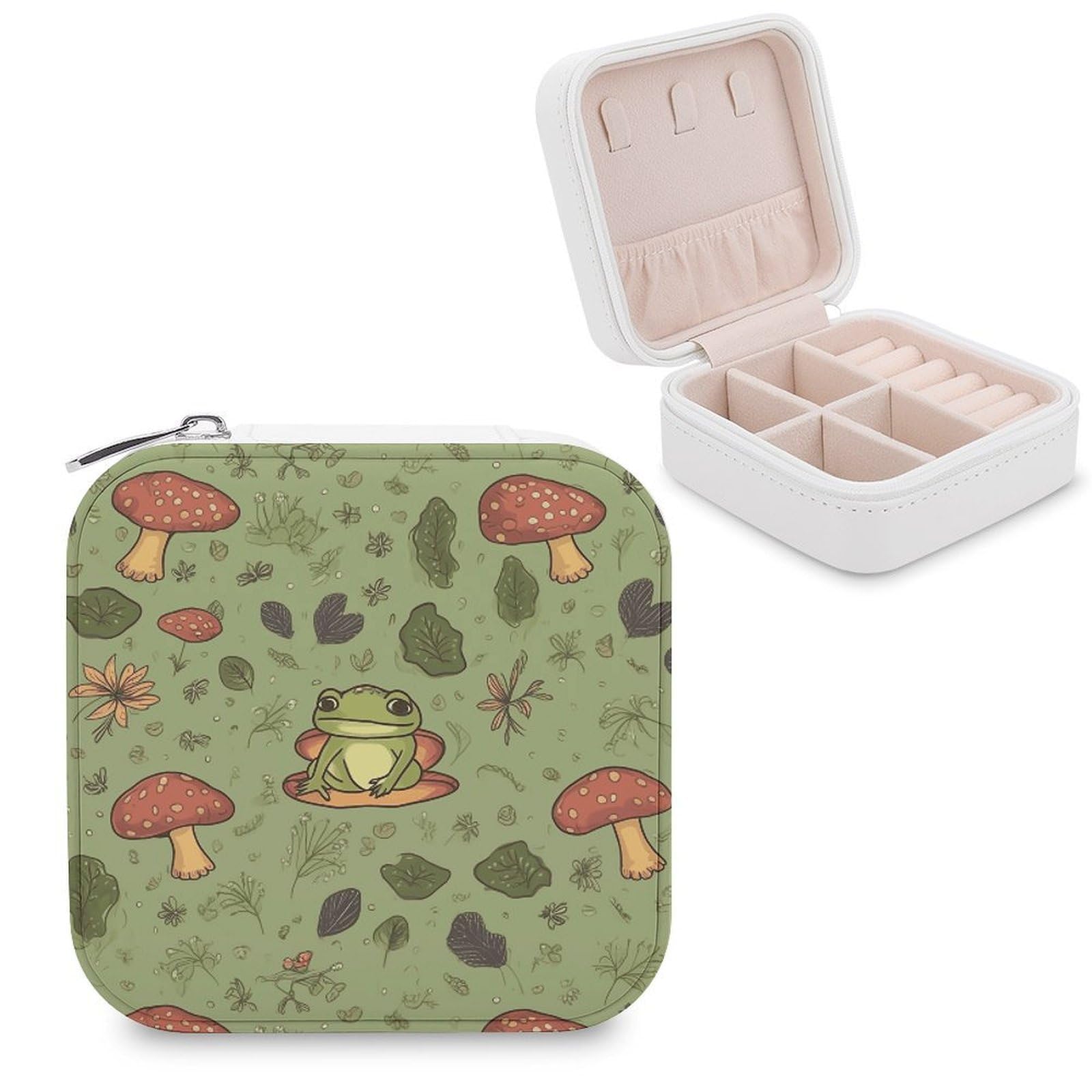 VstaDank Frogs And Mushrooms Travel Jewelry Case Zipper Portable Small Jewelry Box Custom Pu Leather Mini Traveling Jewelry Organizer for Rings Earrings Necklace Bracelet Girls Women