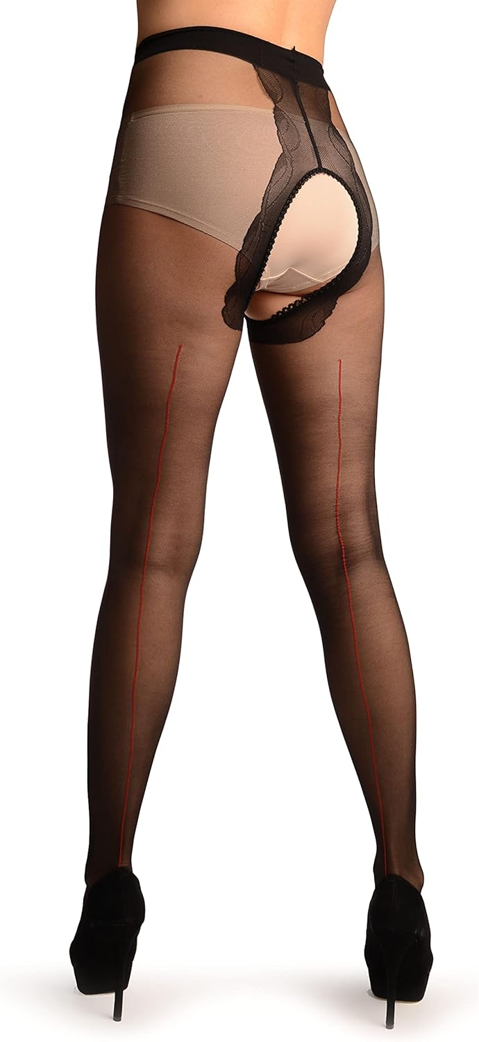 LissKiss Black Crotchless With Red Seam Tights - Pantyhose (Tights)