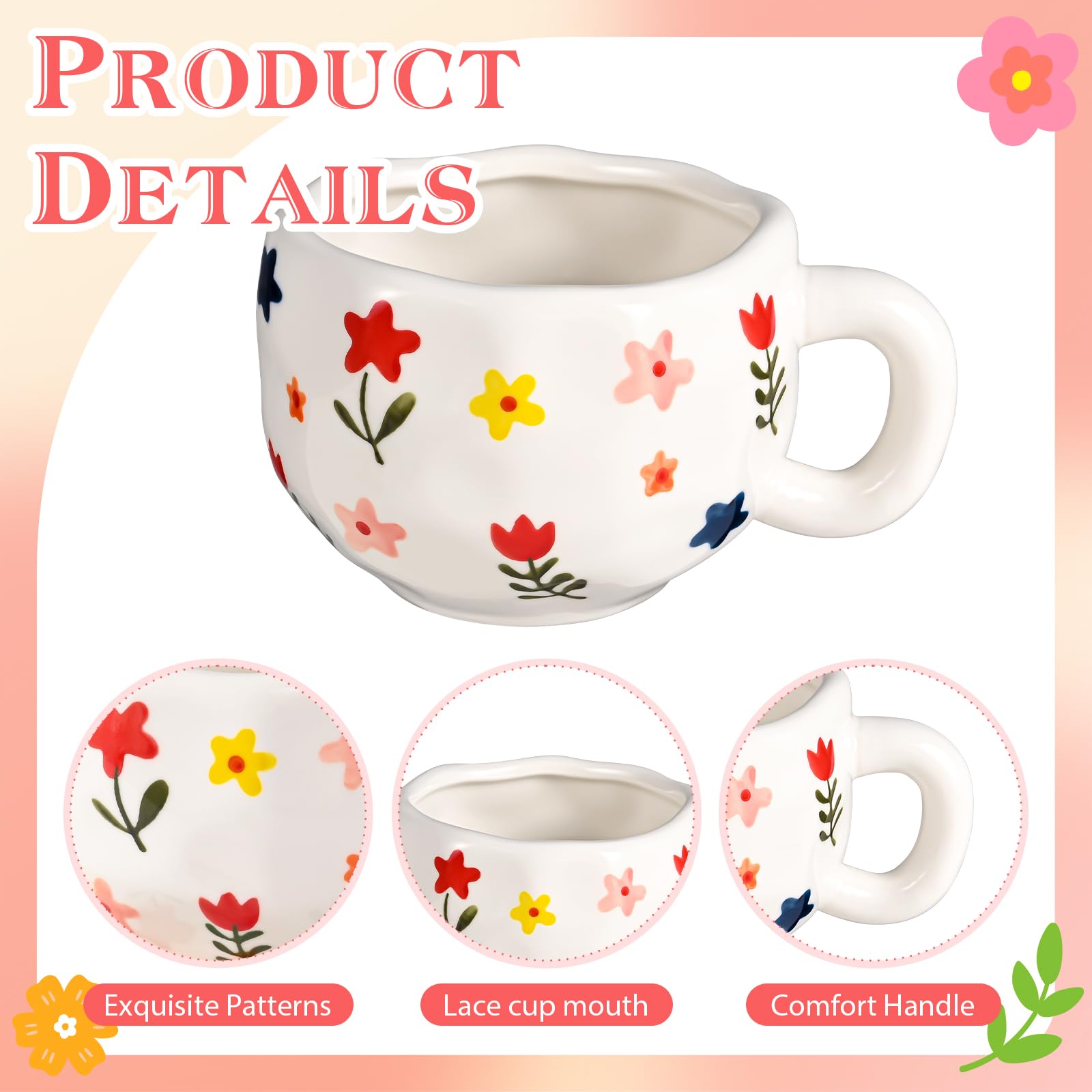 Lot de 4 tasses à café en céramique peintes à la main - Motif floral mignon - Pour le bureau et la maison - Tasse à thé vintage pour cappuccino, cacao, expresso - Passe au micro-ondes - 290