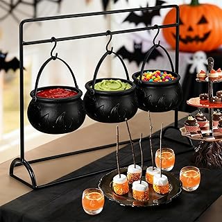 3-Piece Halloween Witches Cauldron Set with Metal Rack - Halloween Party Decorations Black Plastic Serving Bowls for Candy