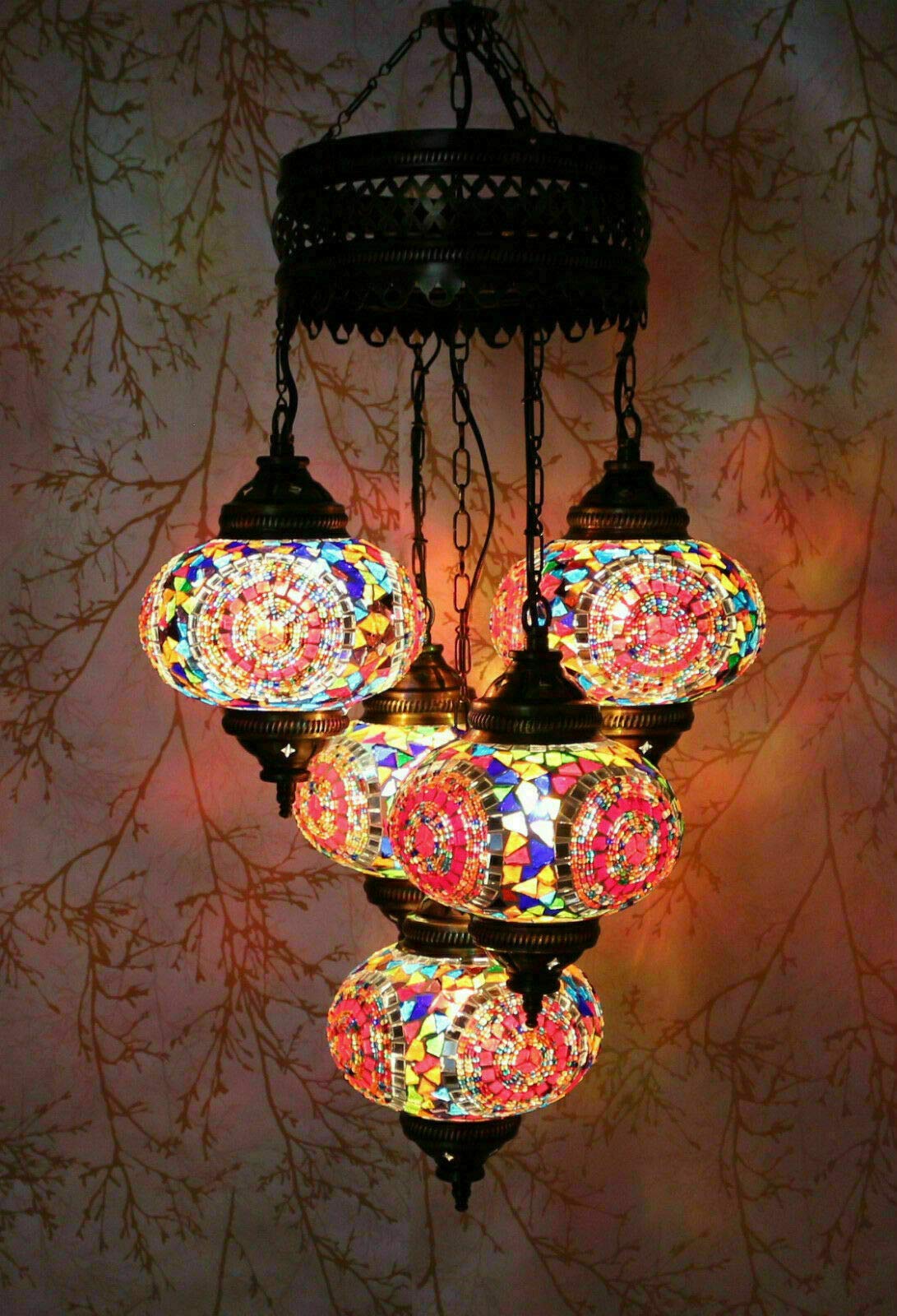 ENVA Turkish Moroccan Mosaic Glass Handmade Ceiling Hanging Light Lamp Lampshade Chandelier Multicolor 5 Large Globe