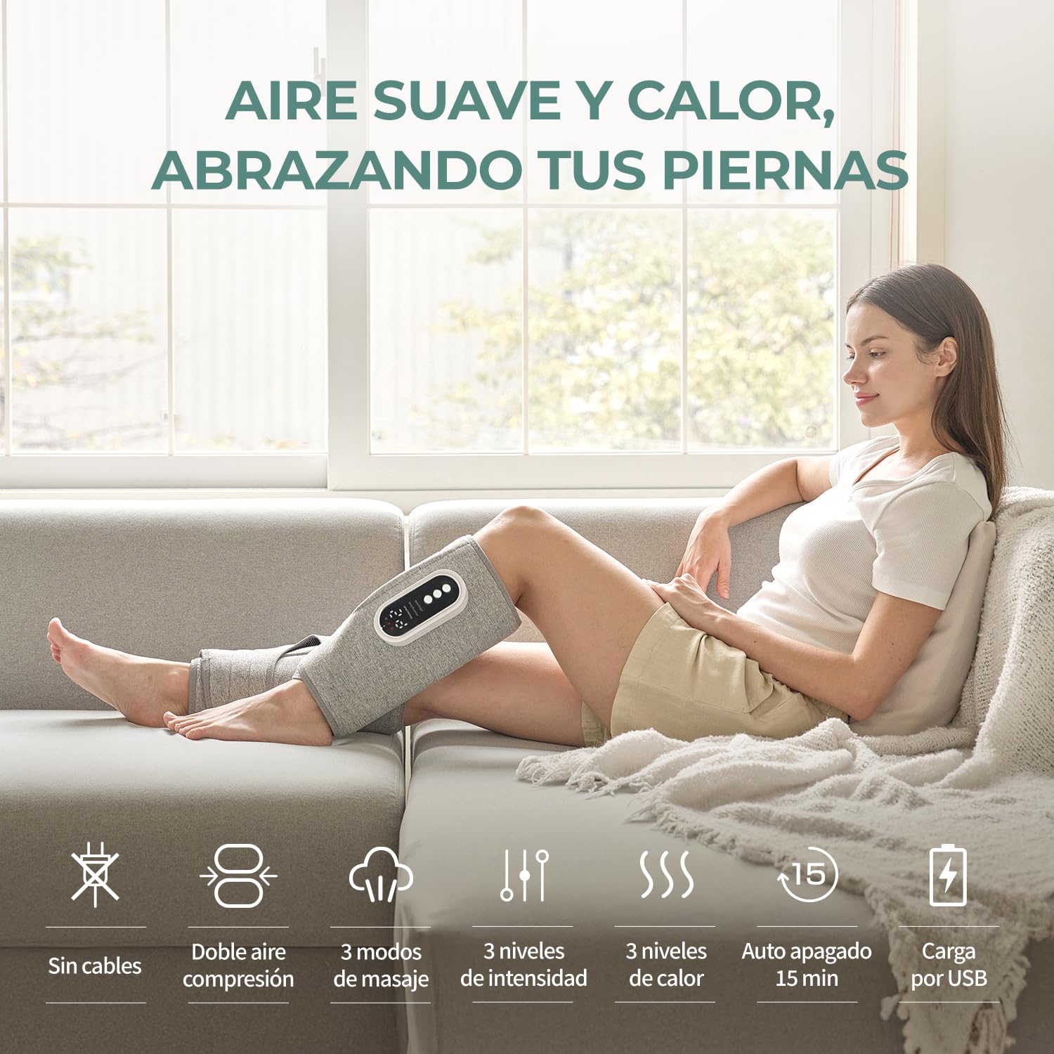 HubiCare - Masajeador de pantorrilla con calefacción por compresión de aire y calor, 3 modos de masaje, 3 niveles de intensidad, inalámbrico, recargable por USB-C, batería de 2000 mAh, apagado