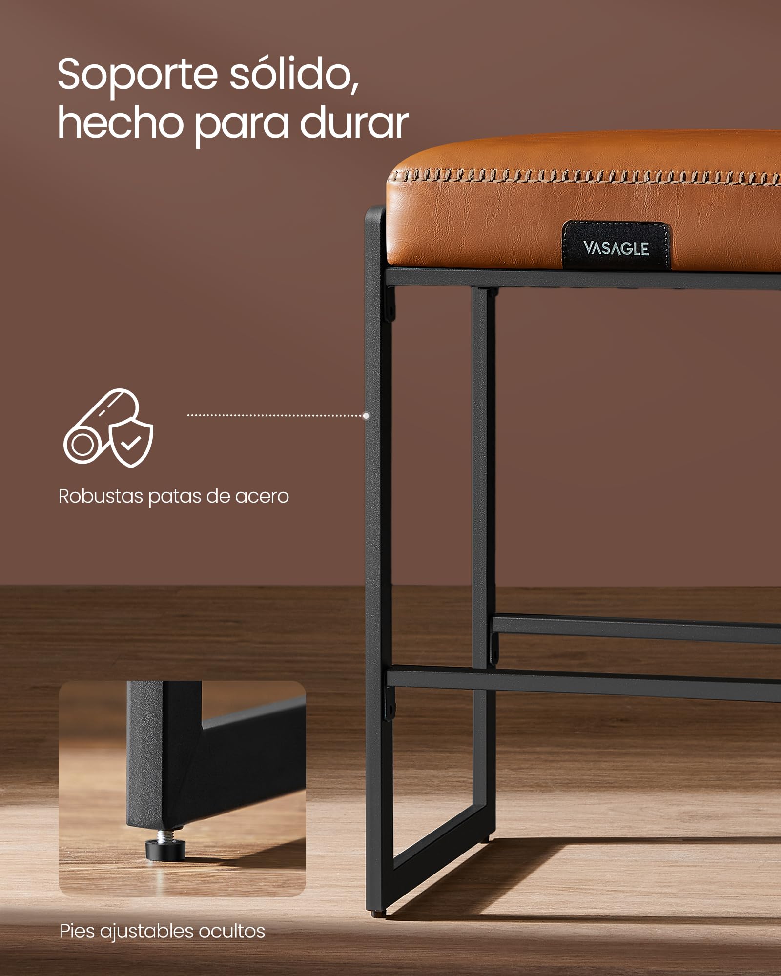 VASAGLE EKHO Colección - Juego de 2 Taburetes de Bar, Taburetes de Cocina, Cuero Sintético con Costuras, Moderno Siglo Medio, 66 cm de Alto, Bar Casa, Comedor, Fácil montaje, Marrón Caramelo LBC086K01