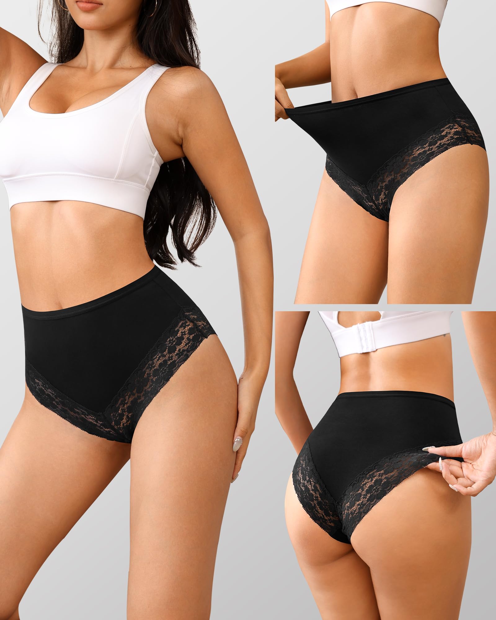 OLIKEME Ropa interior de cintura alta para mujer, de algodón, sexy, con encaje, invisible, suave, elástica, paquete de 3