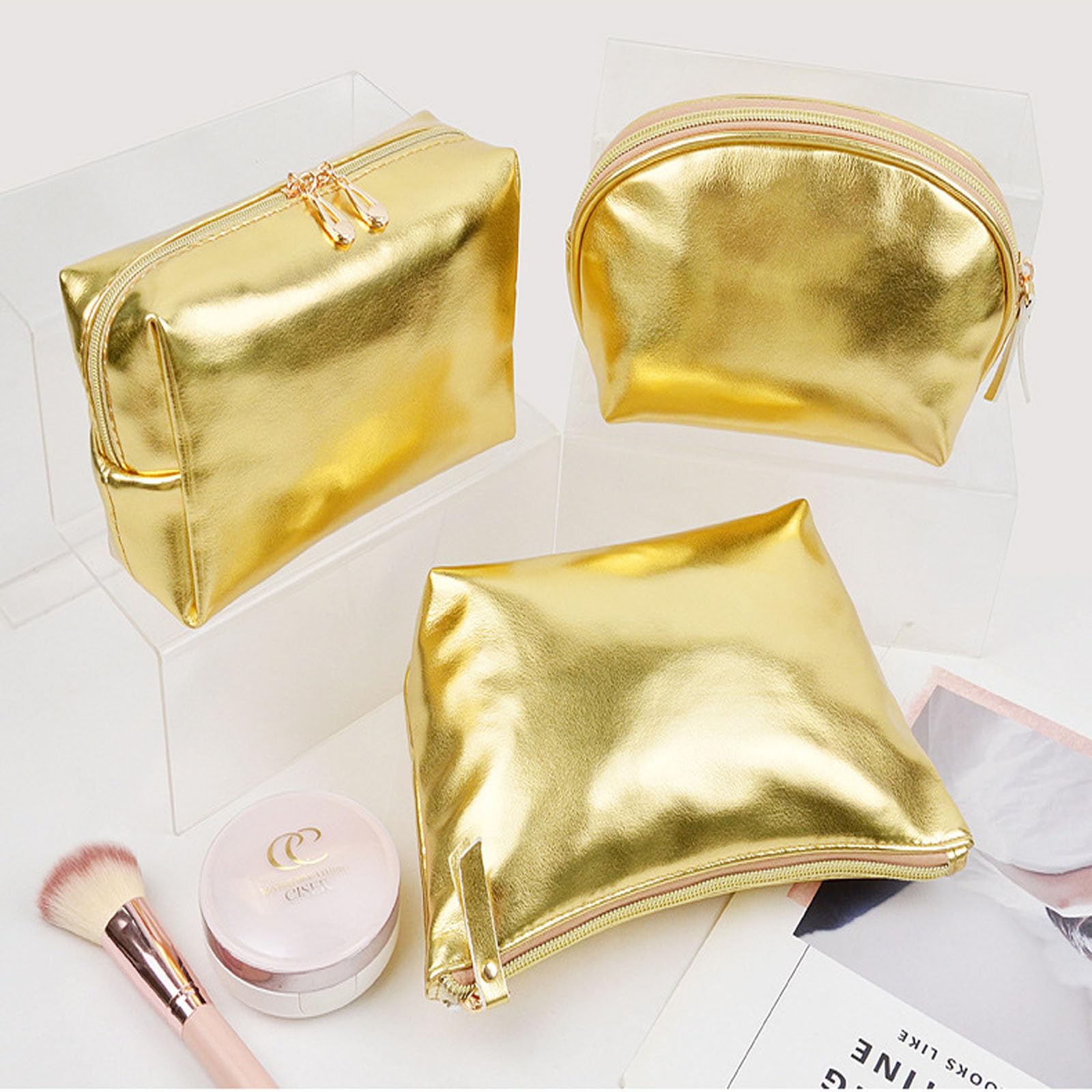 Artkingdome 3Pieces Fashion Organizer Make UP Borse Cosmetici Borsa Portatile Viaggio Toiletry Bag Multifunzionale Storage, Oro