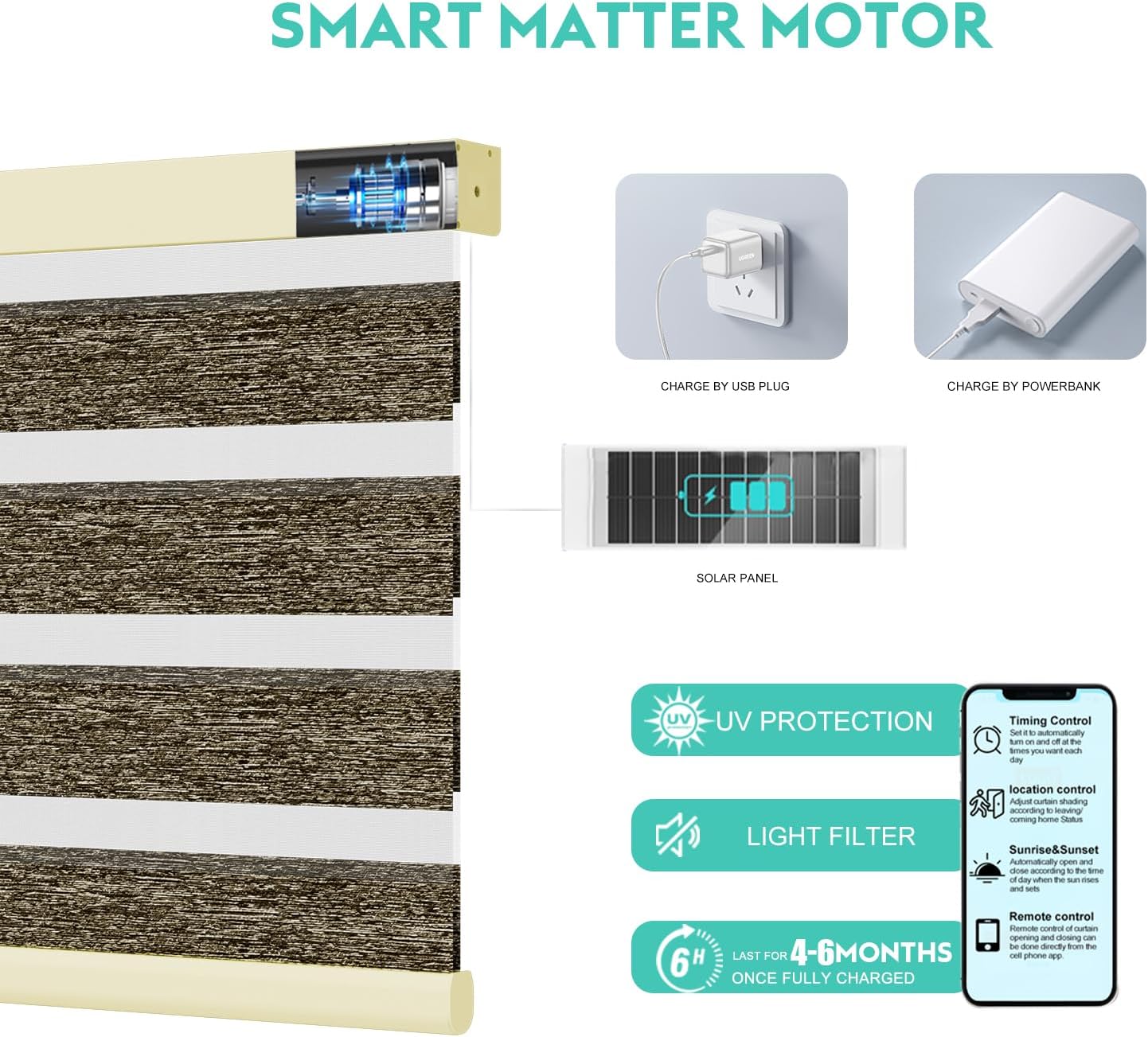 Motorized Zebra Blinds with Remote [Privacy Light Control] 80% Blackout Smart Shades for Windows in Home & Office, Compatible with Alexa Google and HomeKit, Customized Size, Texture Brown