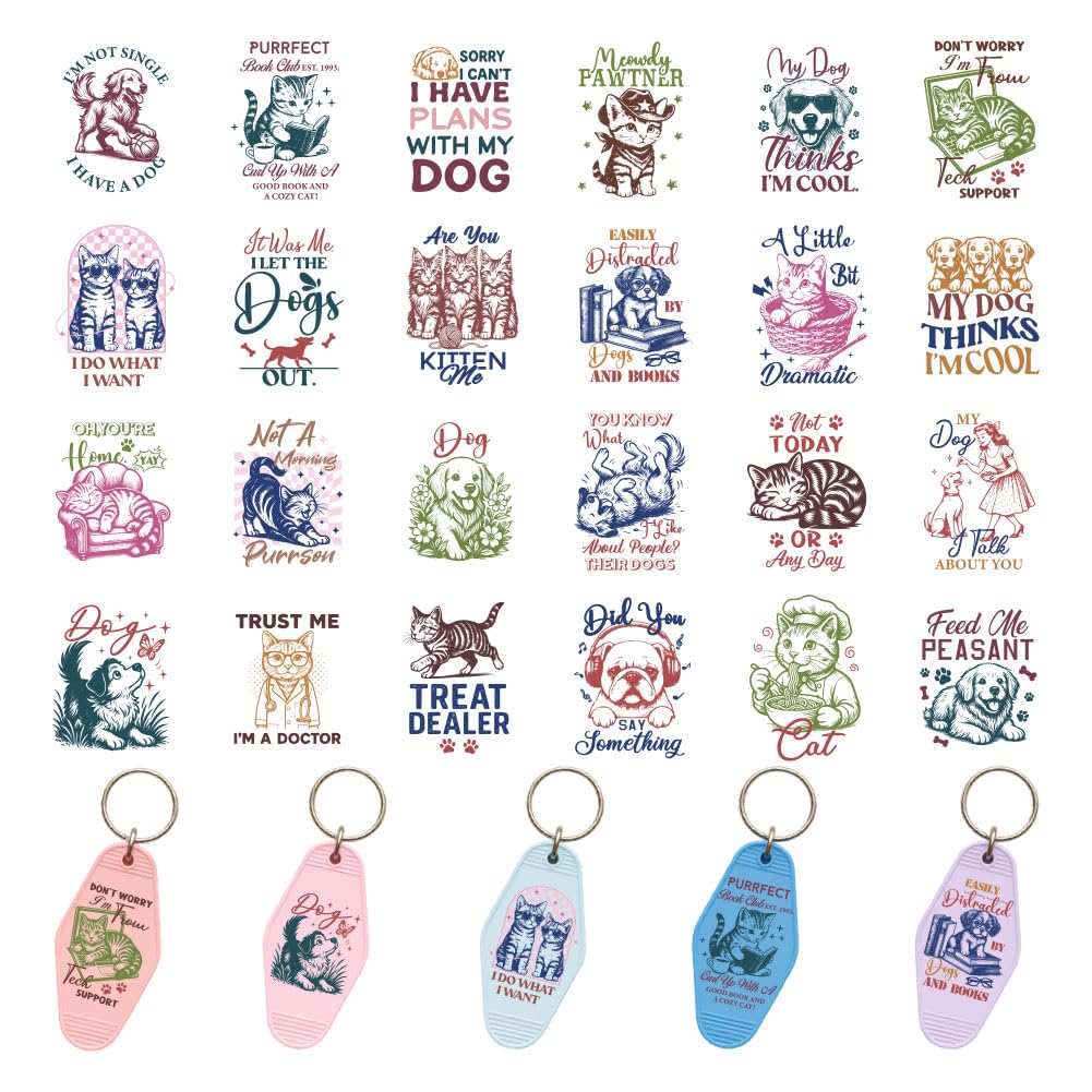 Autocollants de transfert UV DTF imperméables pour porte-clés Motel, chat et chien, 120 pièces