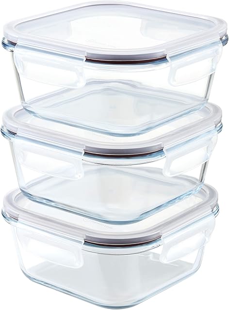 Franklin Lade 3 Piece Square Glass Food Storage Container Set 800ml | BPA-Free Leak-Proof Lids + 3 Spare Silicone Seals | Glass Food Containers with Lids | Microwave, Oven, Freezer & Dishwasher Safe
