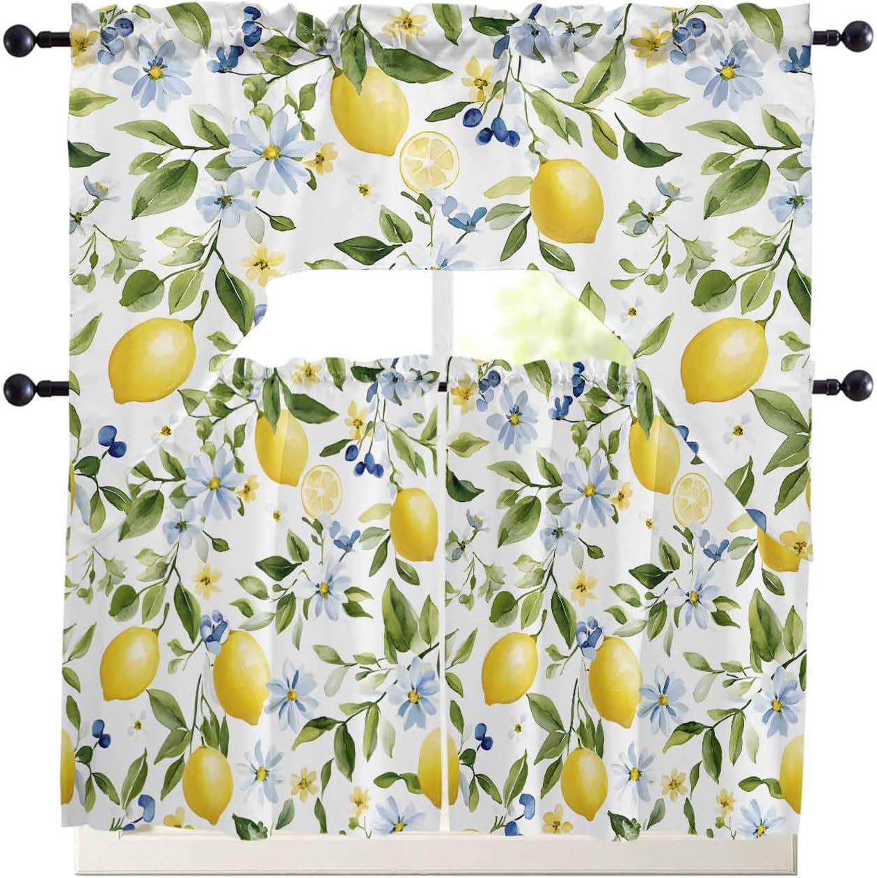 Summer Flamingos 3 Panels Kitchen Curtains Set Tropical Flowers Plants Light Filtering Swag Valance 56" W x 36" L and Tier Curtains Set 27.5" W x 24" L Rod Pocket Panel for Bedroom Bathroom