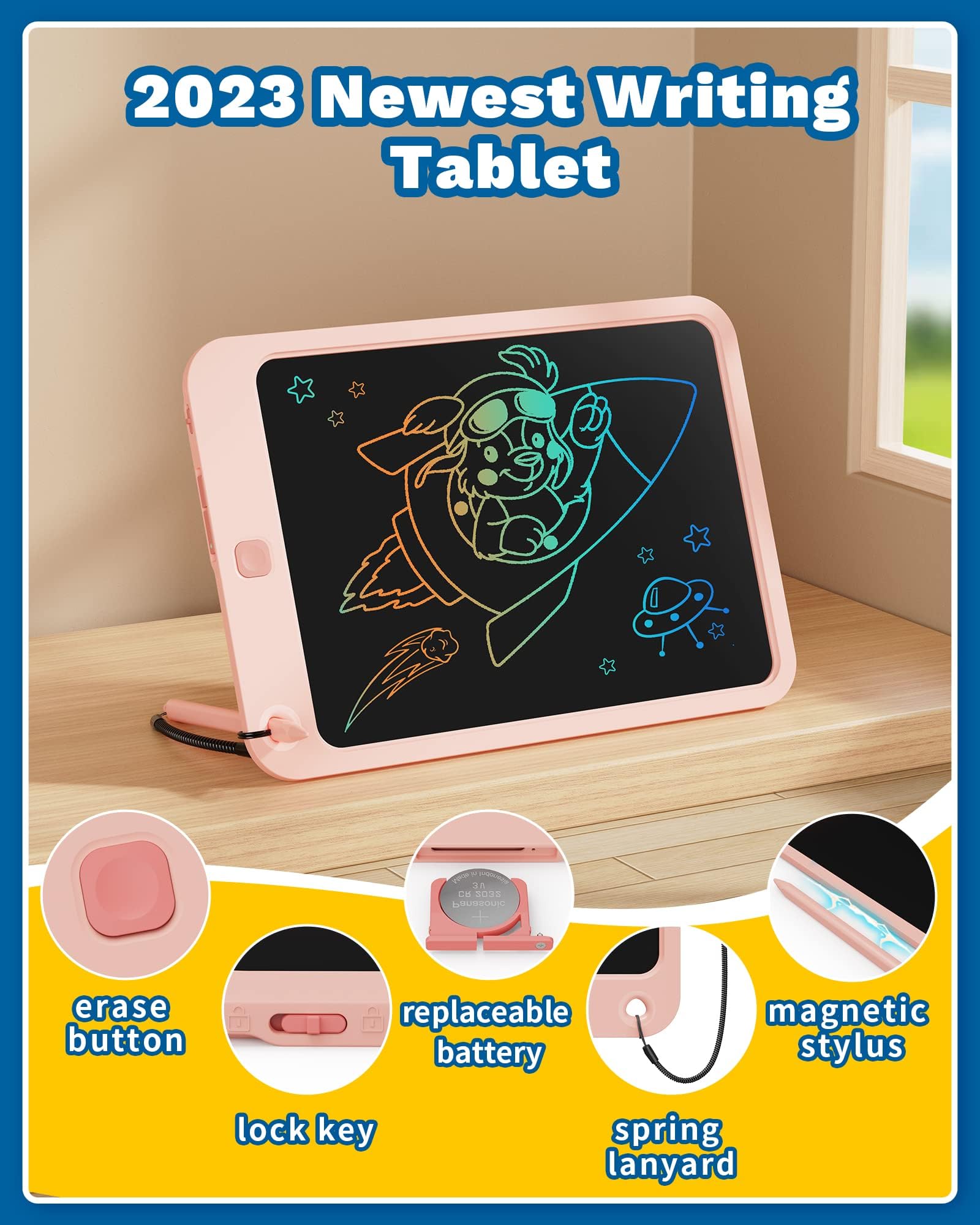 TEKFUN LCD Writing Tablet Kids Toys, 10 inch Colorful Doodle Drawing Board Drawing Tablet, Kids Travel Learning Toys Birthday & Easter Gifts for 3 4 5 6 7 8 Years Old Boys Girls (Pink) — view 2